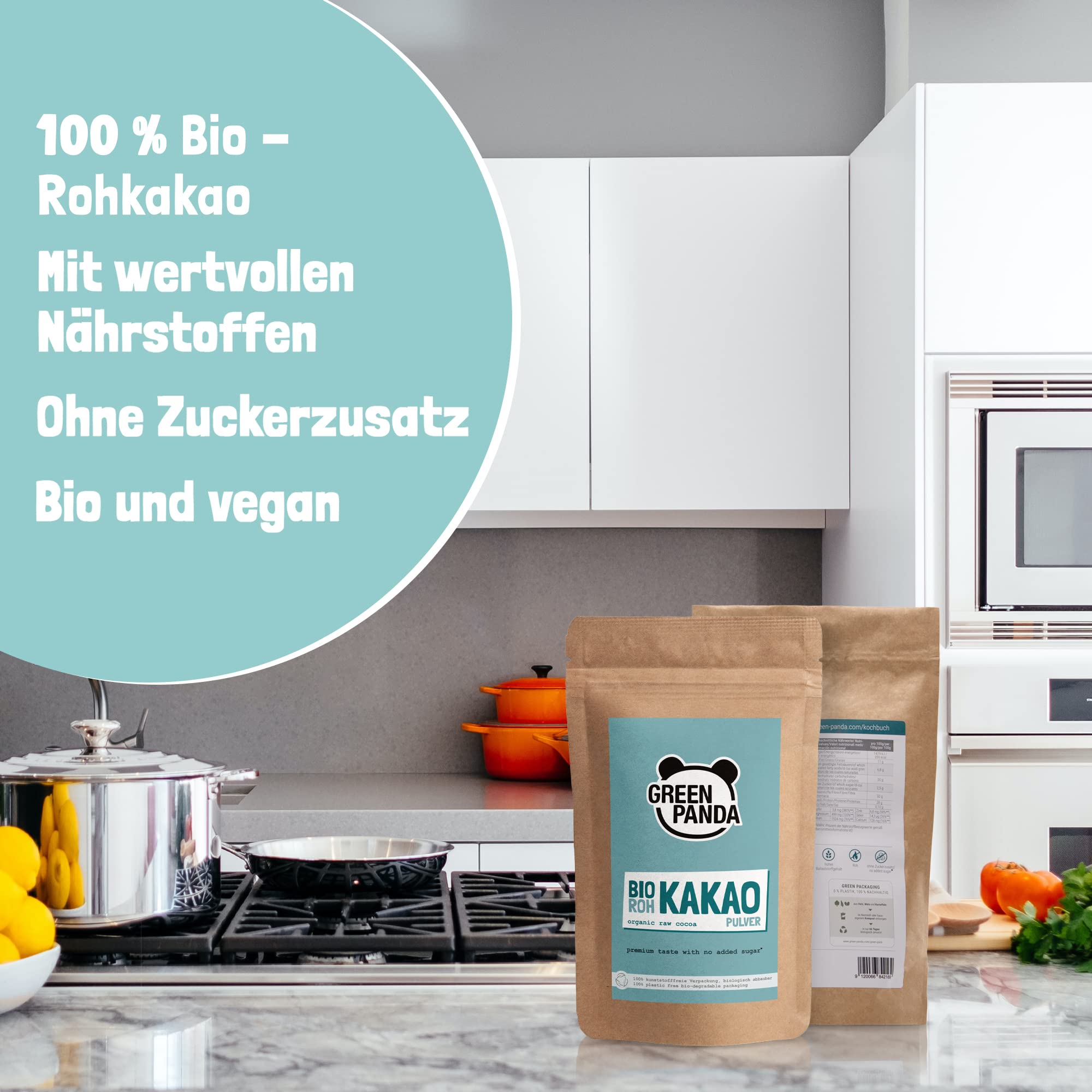 GREEN PANDA® BIO Rohkakao aus Premium Kakaobohnen | Bio Kakaopulver stark entölt und zuckerfrei | Kakao ohne Zucker für Trinkschokolade, Shakes, Desserts, zum Backen oder ins Müsli | 1kg