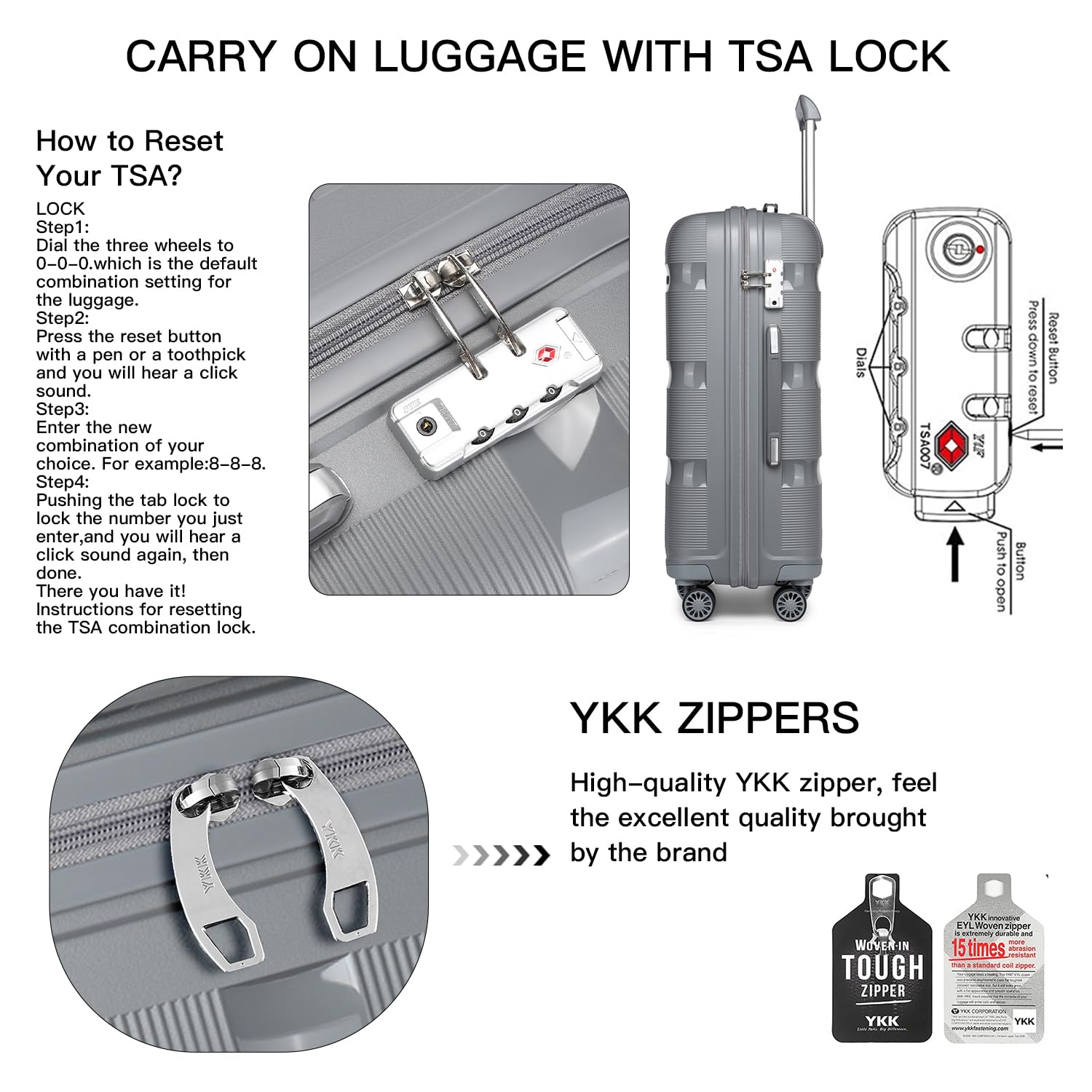 KONO Trolley Bagaglio a Mano Rigida Valigia da Viaggio in Polipropilene con 4 Ruote e Lucchetto TSA 55x40x20cm, Grigio