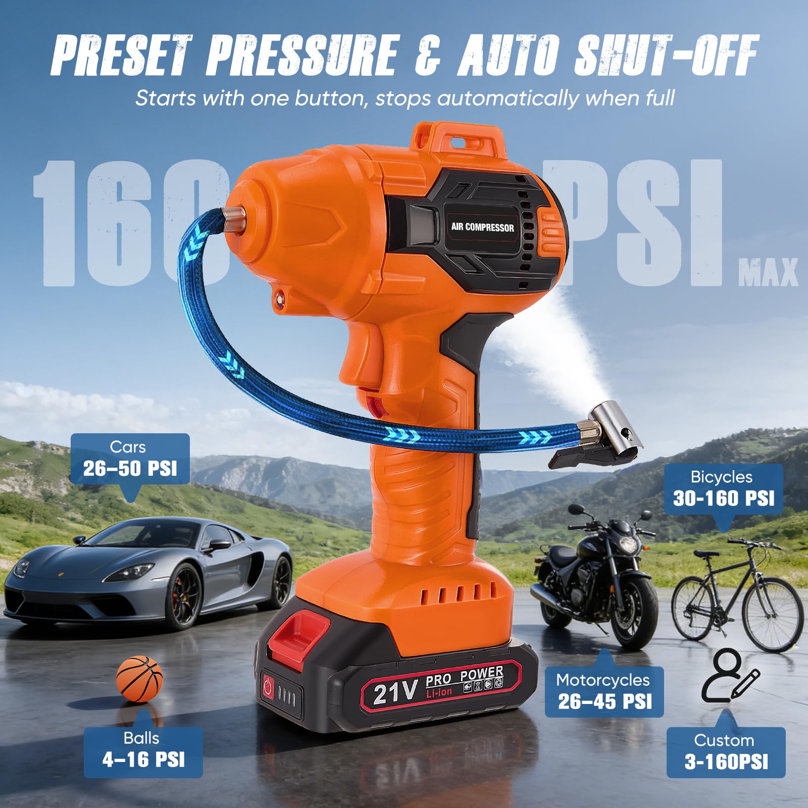 Kabelloser Akku-Luftkompressor, 160 PSI, mit digitalem Manometer & Auto-Stopp, tragbare Luftpumpe für Auto, Motorrad, Fahrrad, Bälle – gelb