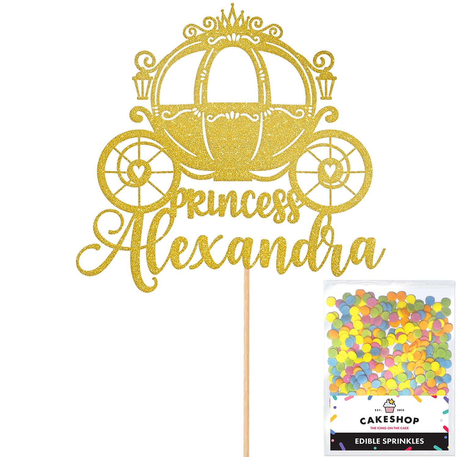 Personalised Princess Carriage Glitter Cake Topper- Gold Any Custom Name Glitter Cake Decoration and Sprinkles - Happy Birthday Decorations - Personalised Toppers for Cakes by Cakeshop