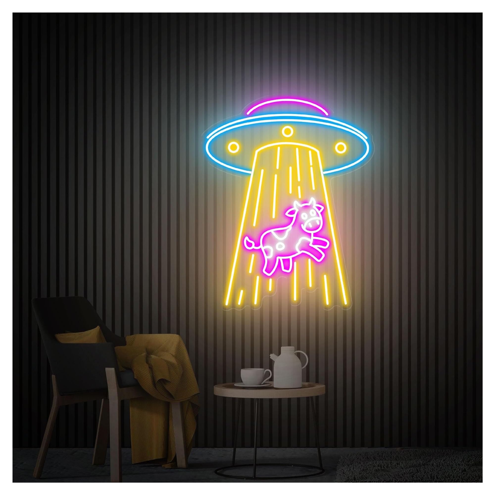 RONGCH Hanging Art Signs UFO Kidnapping Cow Neon Sign,Suitable for Bedroom Decor with Dimmable 48cmx60cm(C)