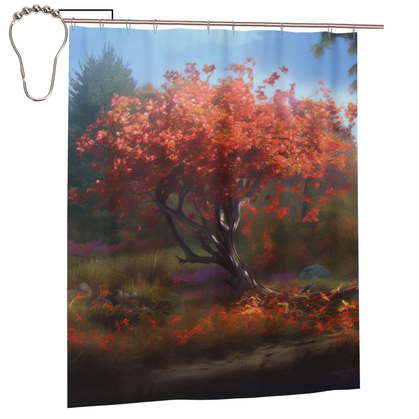 BWWHCCTI Flowers Tree Scenery Printed Shower Curtain With 12 Iron Hooks Opaque Quick Drying Waterproof Shower Curtains Sets For Bathroom 152x183 Cm