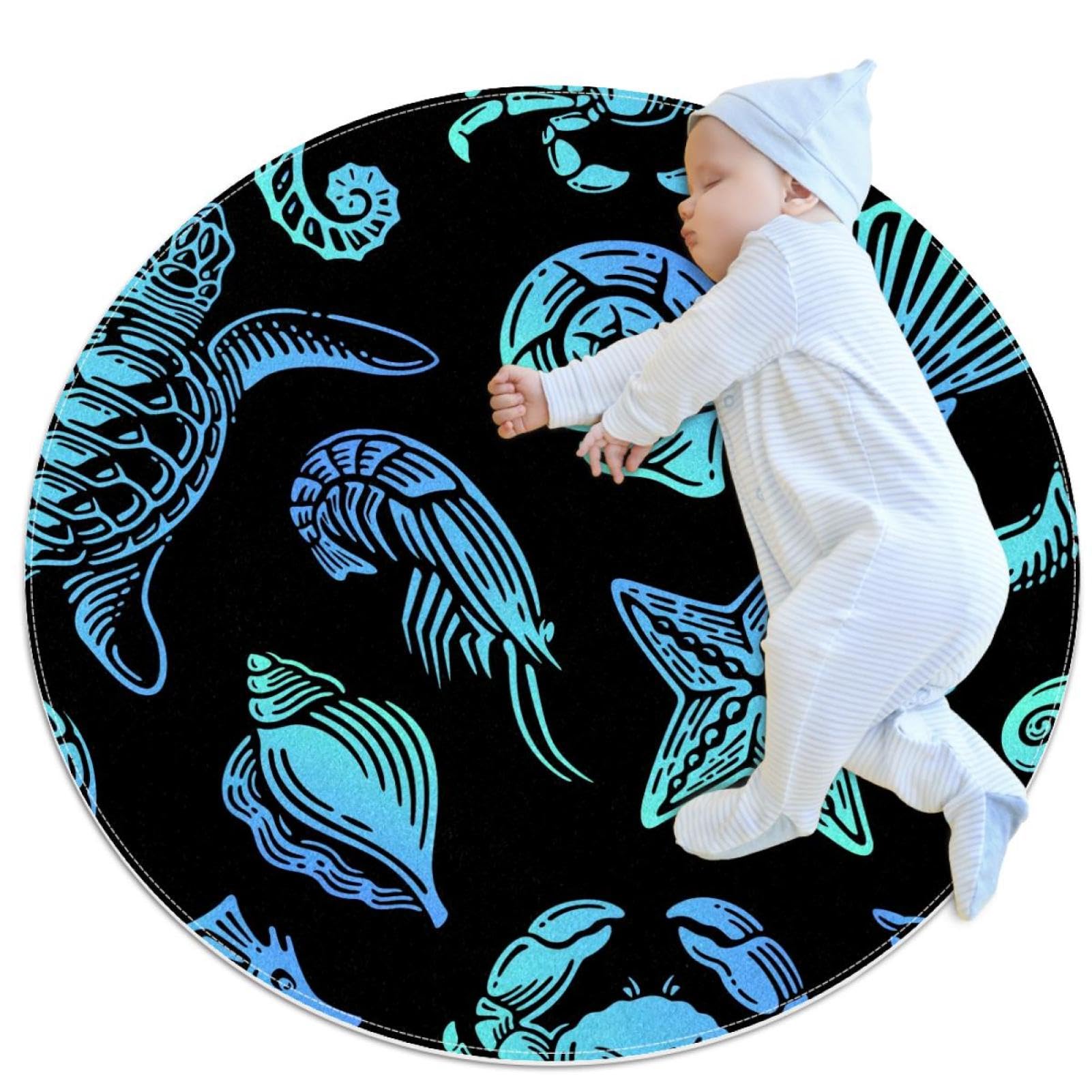 Tapis de salle de bain exotique en bleu marine rond 1m, finitions premium antidérapantes
