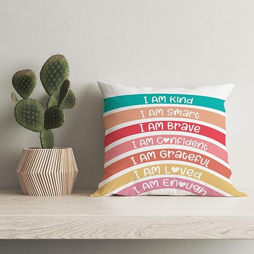 Miniatura 5 de HIWX Fundas de almohada de 18 x 18 pulgadas, diseño de arcoíris con texto en inglés "I am Kind I am Smart I am Brave Affirmations", reversible,