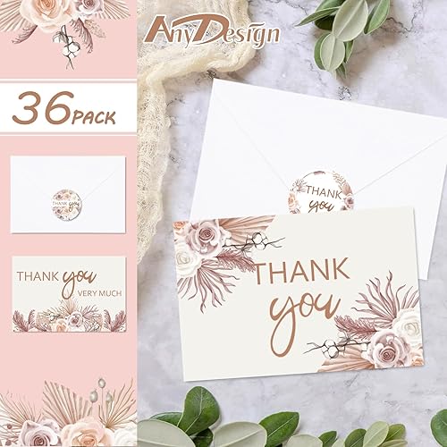 Miniatura 2 de AnyDesign Tarjetas de agradecimiento florales bohemias a granel, paquete de 36 ramos de rosas bohemias, tarjetas de notas con calcomanías de sobre,