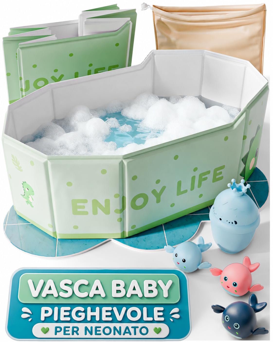 Set Vasca da Bagno Pieghevole Bambini - vasca da bagno bambini con accessori - bagnetto bambini portatile viaggio - vasca pieghevole neonato antiscivolo - kit completo con giochi e borsa