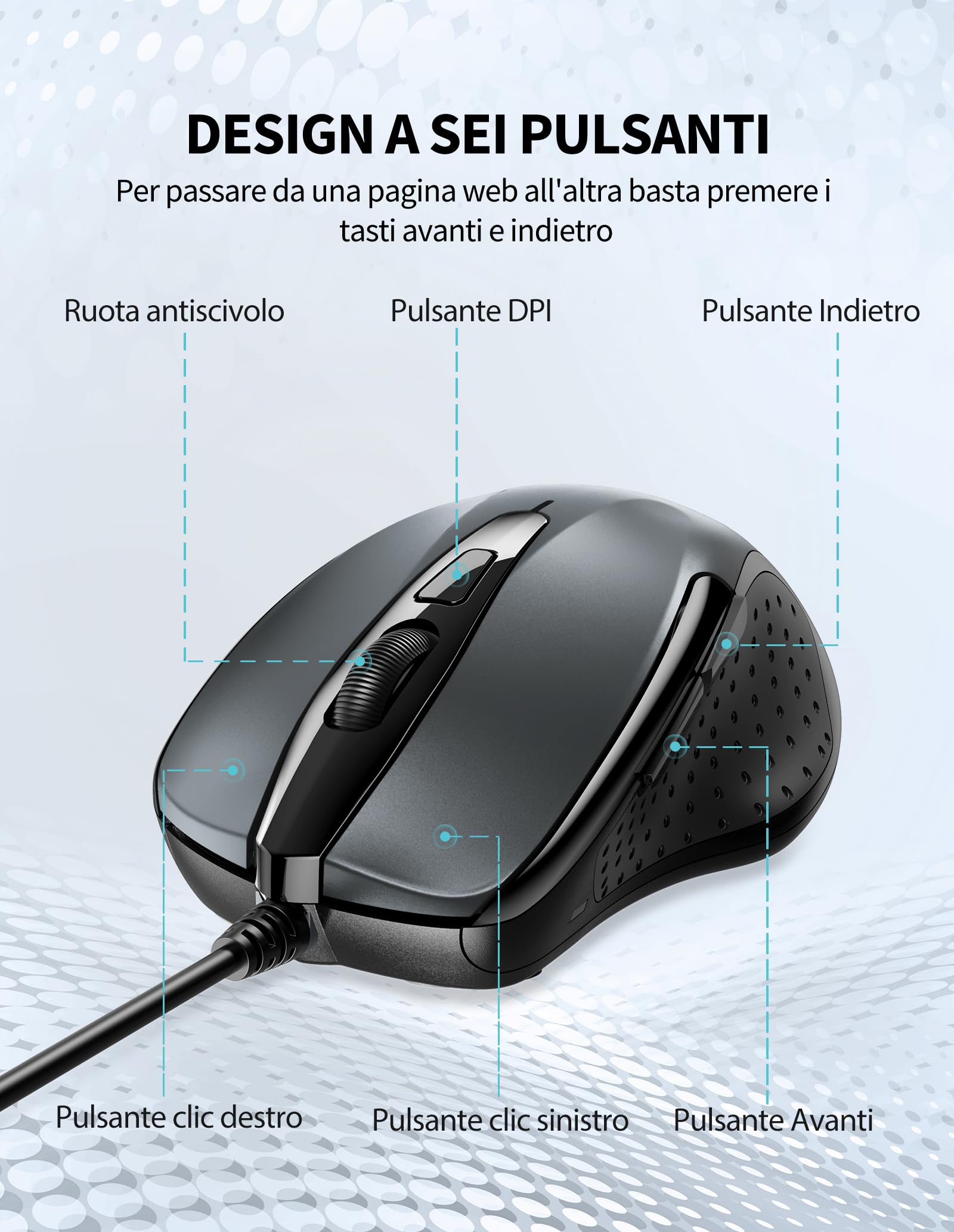TECKNET PRO Mouse con Filo, 6400 DPI Mouse Ottico Cablato, 6 Pulsanti, Cavo USB 1.5M, Plug and Play, Mouse Ergonomico con Filo per PC, Computer, Laptop, Mac Laptop - Grigio