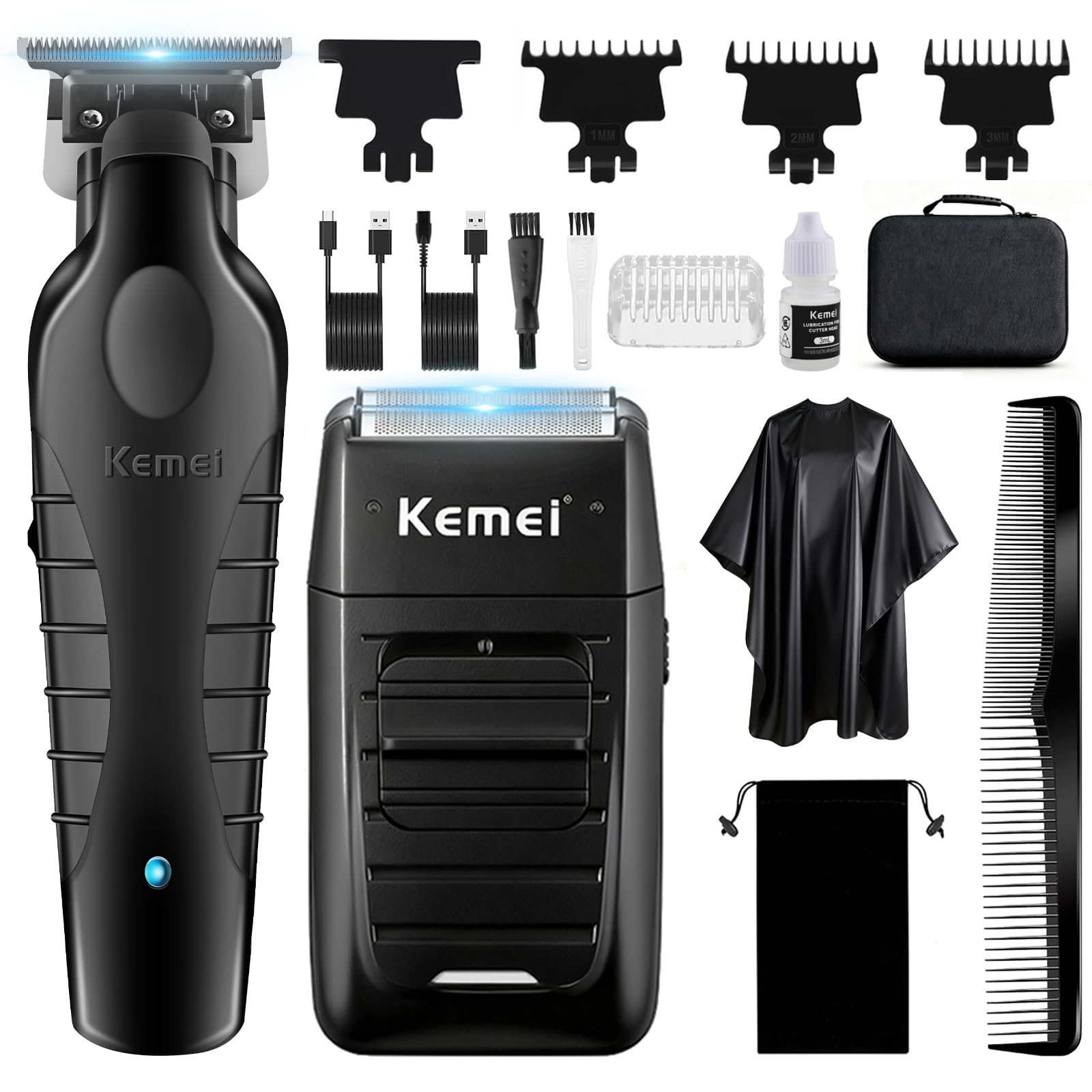 KEMEI Juego de cortadoras de pelo profesionales y afeitadoras de aluminio, cortadoras de pelo inalámbricas para hombres, kit de maquinilla de afeitar eléctrica de peluquería con cuchilla en T