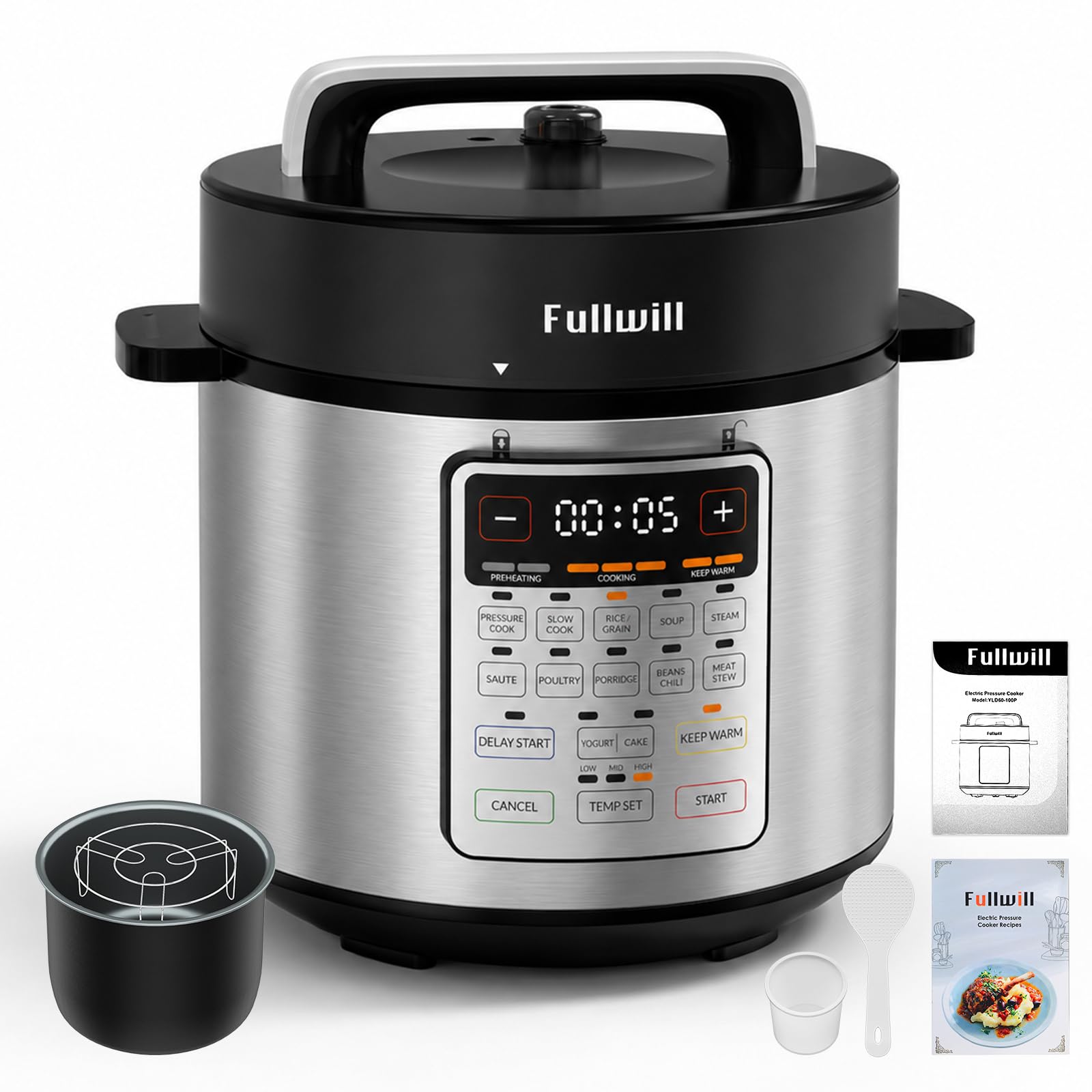 Fullwill 6qt Electric Pressure Cooker, 9-in-1 Versatile Kitchen Appliance Slow Cooker, Rice Cooker, Cake Maker, Sauté Pan, Steamer, Food Warmer and Soup Maker