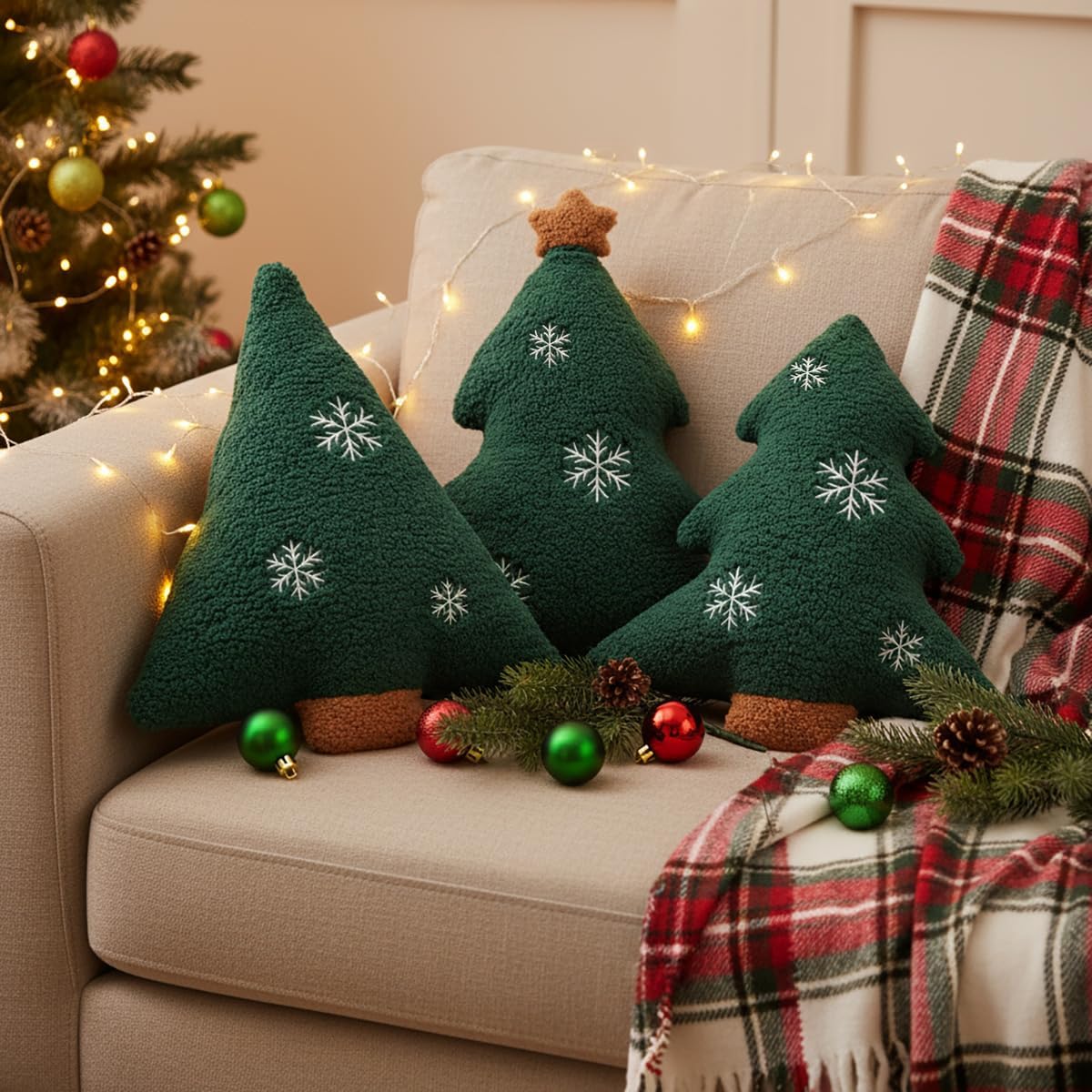 LARMOY 3 Pcs Christmas Tree Throw Pillows, 16" Cute Plush Stuffed Xmas Tree Shaped Decorative Pillows with Snowflake for Bedroom Outdoor Sofa Couch Home Winter Party Cushion Decorations