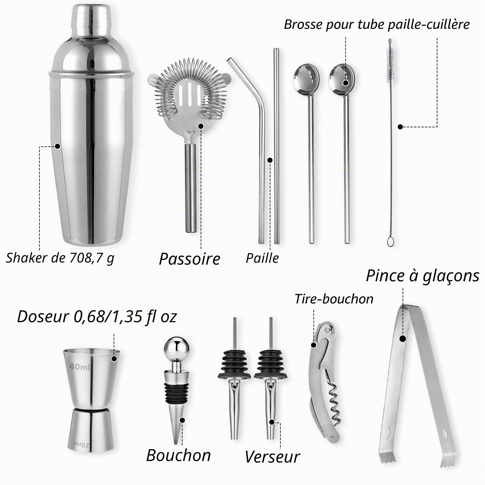 Godmorn Shaker Cocktail Kit 15 pièces, Cocktail Set Bar Kit Bar Tool Set 750 ML, Shaker à Martini en Acier Inoxydable avec Support en Bois, Double Jigger, Cuillère à mélanger, 2 Verseurs, Recettes