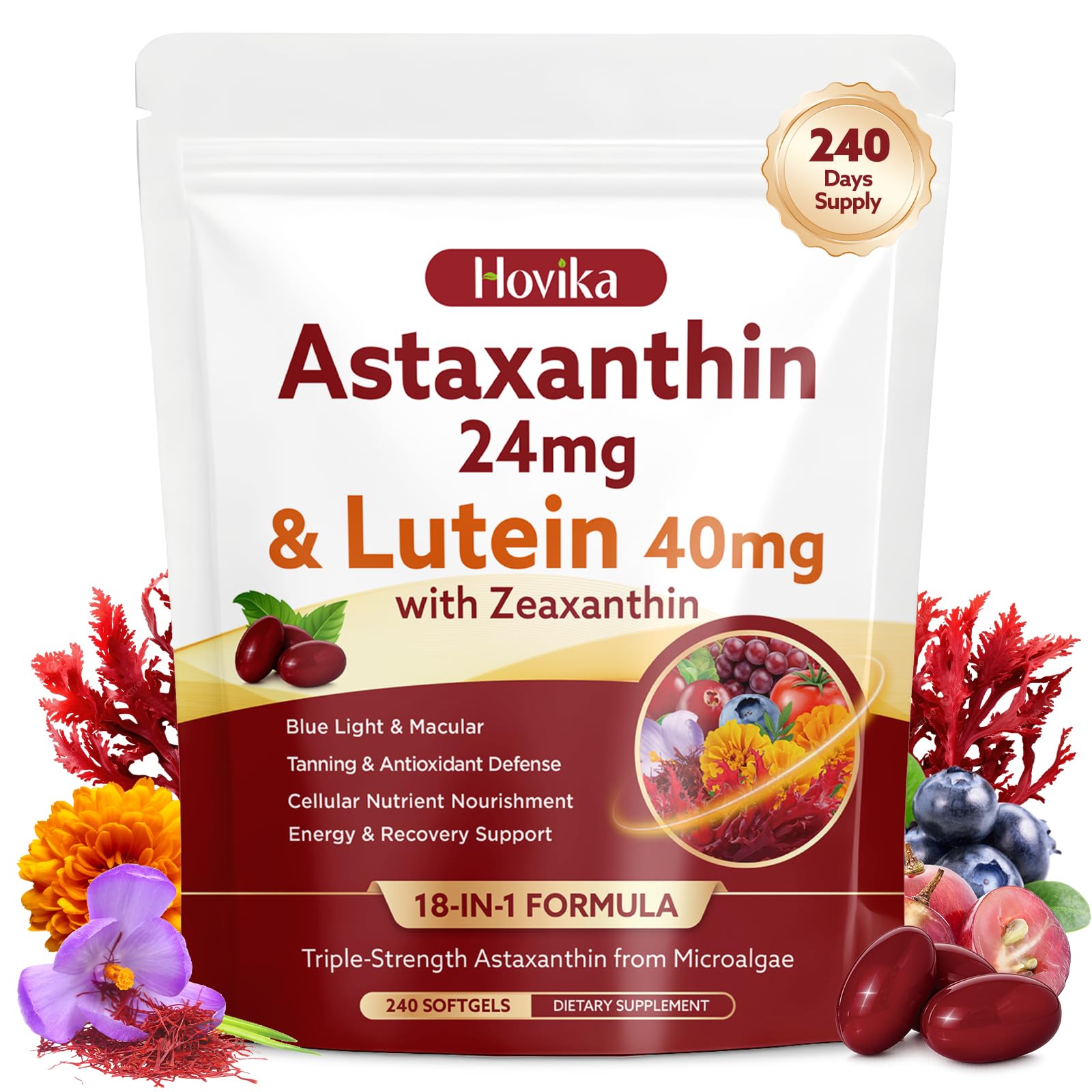 18-in-1 Astaxanthin 24mg & Lutein 40mg with Zeaxanthin Supplements, Fresh Microalgae Source with Lycopene, Grape Seed, Vitamin E, & More Supports Eye, Skin, Antioxidant, 8 Month Supply, 240ct