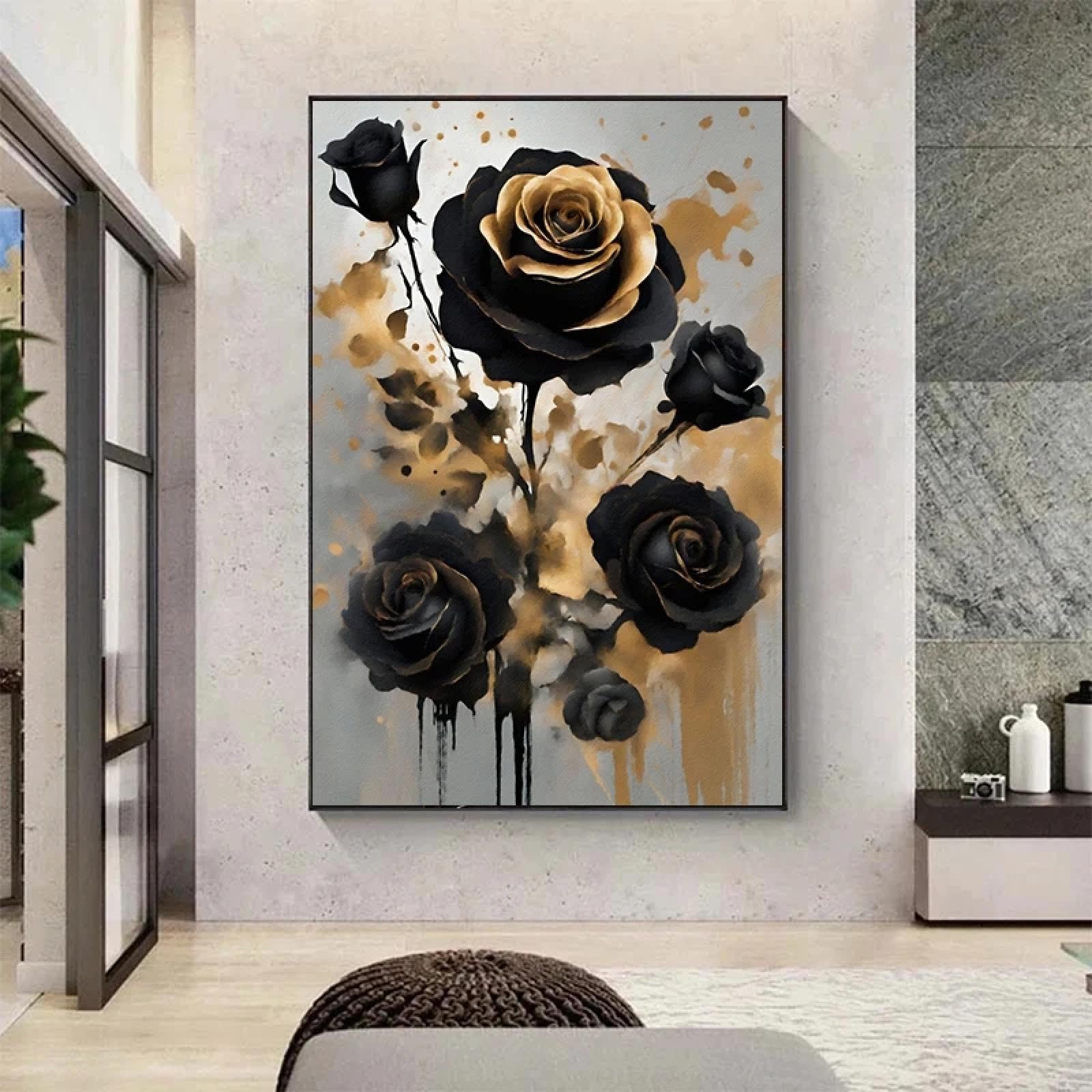Impression sur toile rose moderne salon tableau noir et doré