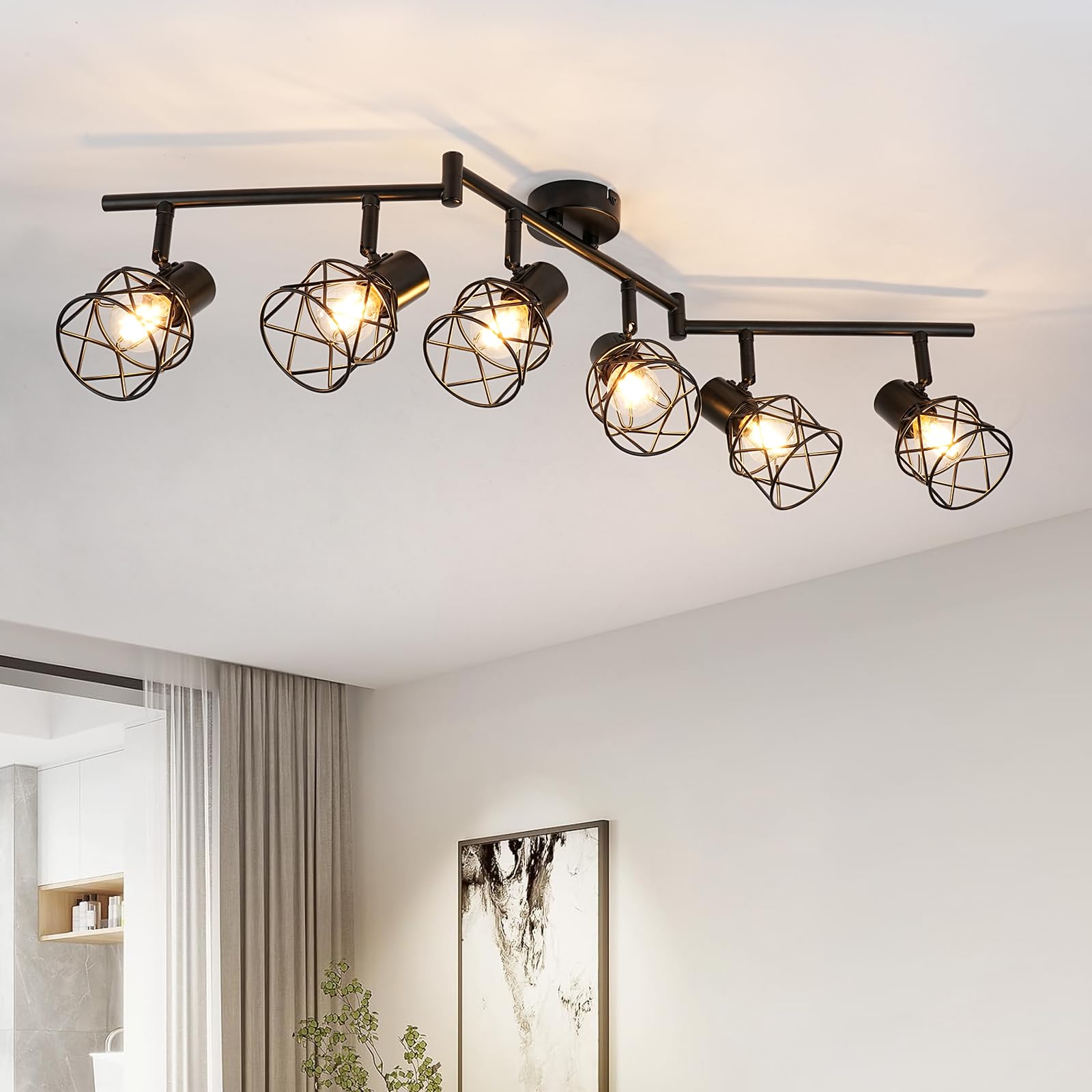 FORCOSO Ceiling Lights Spotlight - 6 Way Spot Lights 350°Adjustable, E14 Base Black Light Shade Metal Wire Cage Light Fittings, Industrial Wall Ceiling Lamp for Kitchen Living Room Hallway Bathroom