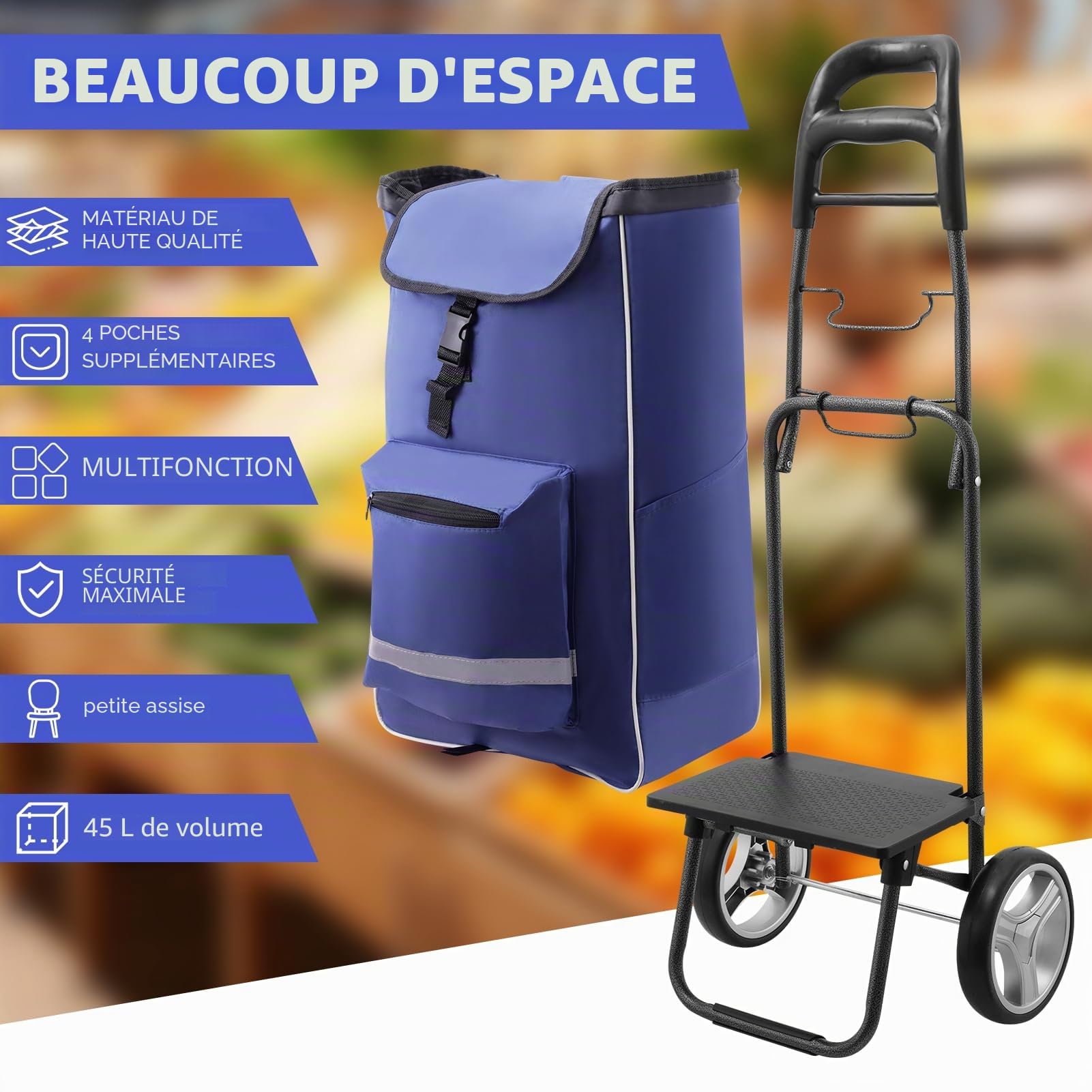 Chariot de courses 3 en 1 - Grand chariot de 45 l - Chariot de courses avec compartiment isotherme - Sac de courses avec roulettes - Sac pliable - Sac amovible - Chariot de courses - Chariot à main