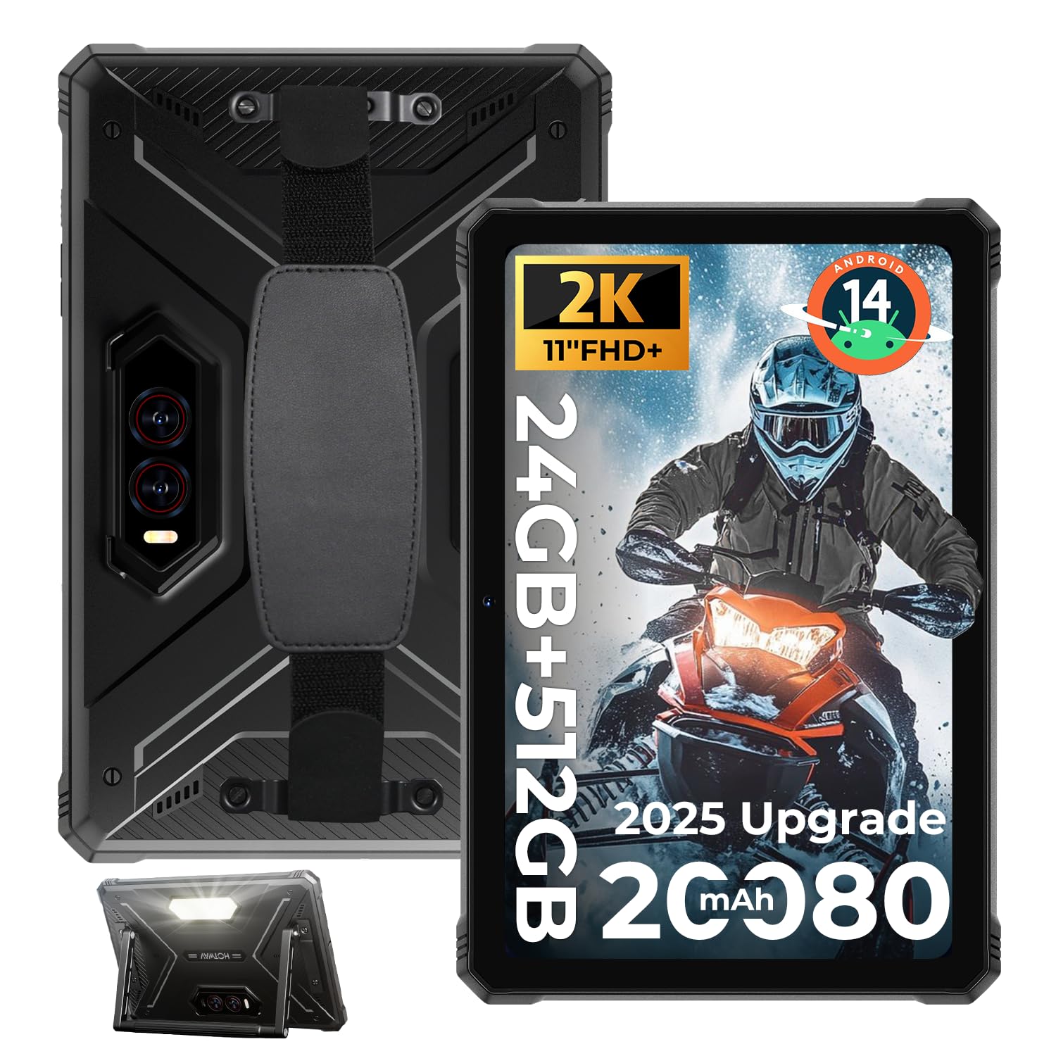 HOTWAV R9 Plus 2025 Tableta robusta Tabletas de 11 pulgadas Android 14, 20080mAh Tableta a prueba de agua, 2K 24GB + 512GB / 2TB TF Tabletas para exteriores, 64MP + 16MP Octa-Core IP68 e IP69K / 4G Dual SIM / 5G WiFi / Face ID / GPS / OTG