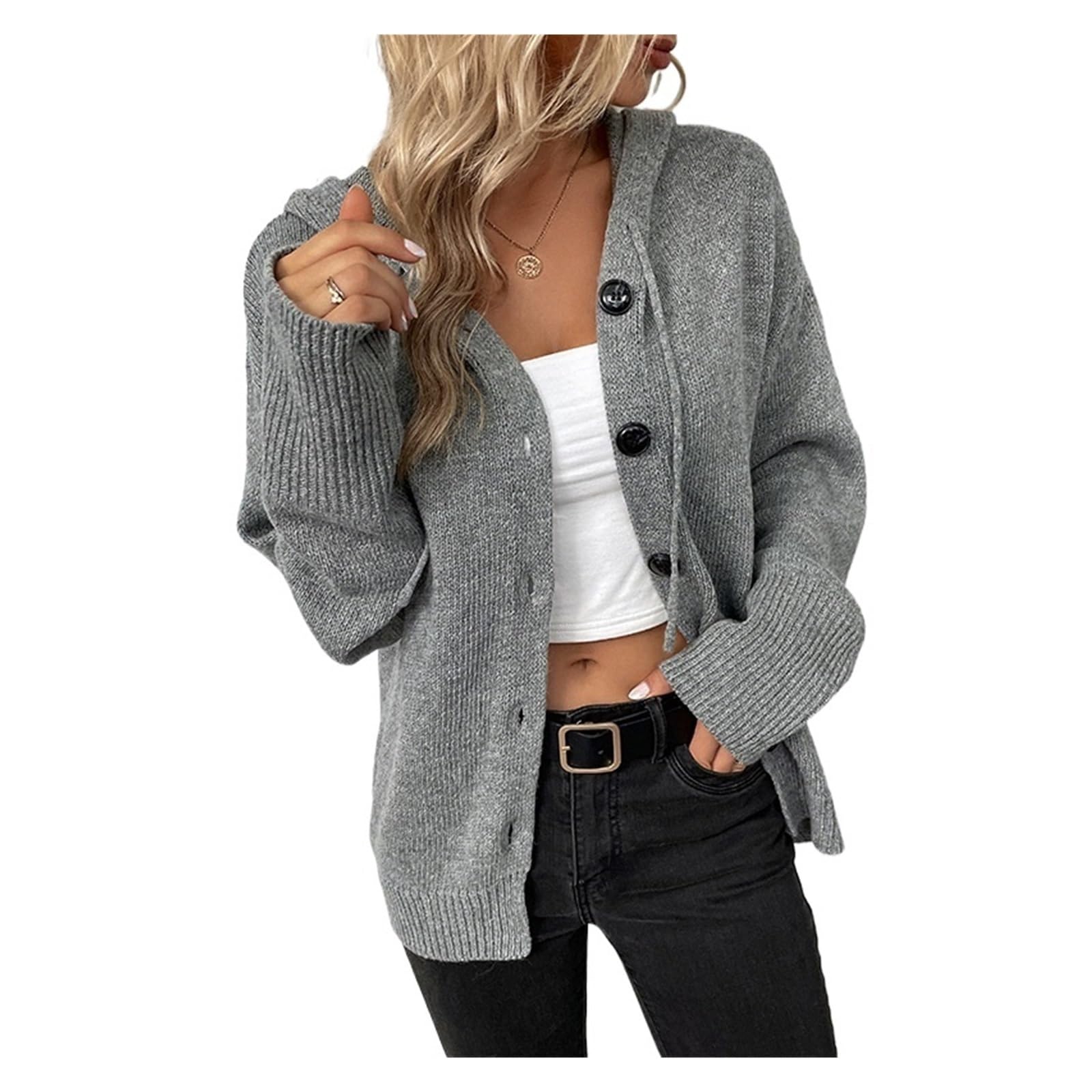 Sudadera con Capucha de Punto con Botones y Manga Larga for Mujer, Chaqueta con Capucha, cárdigan for otoño e Invierno, Atuendo Informal for Mujer(Gray,M)