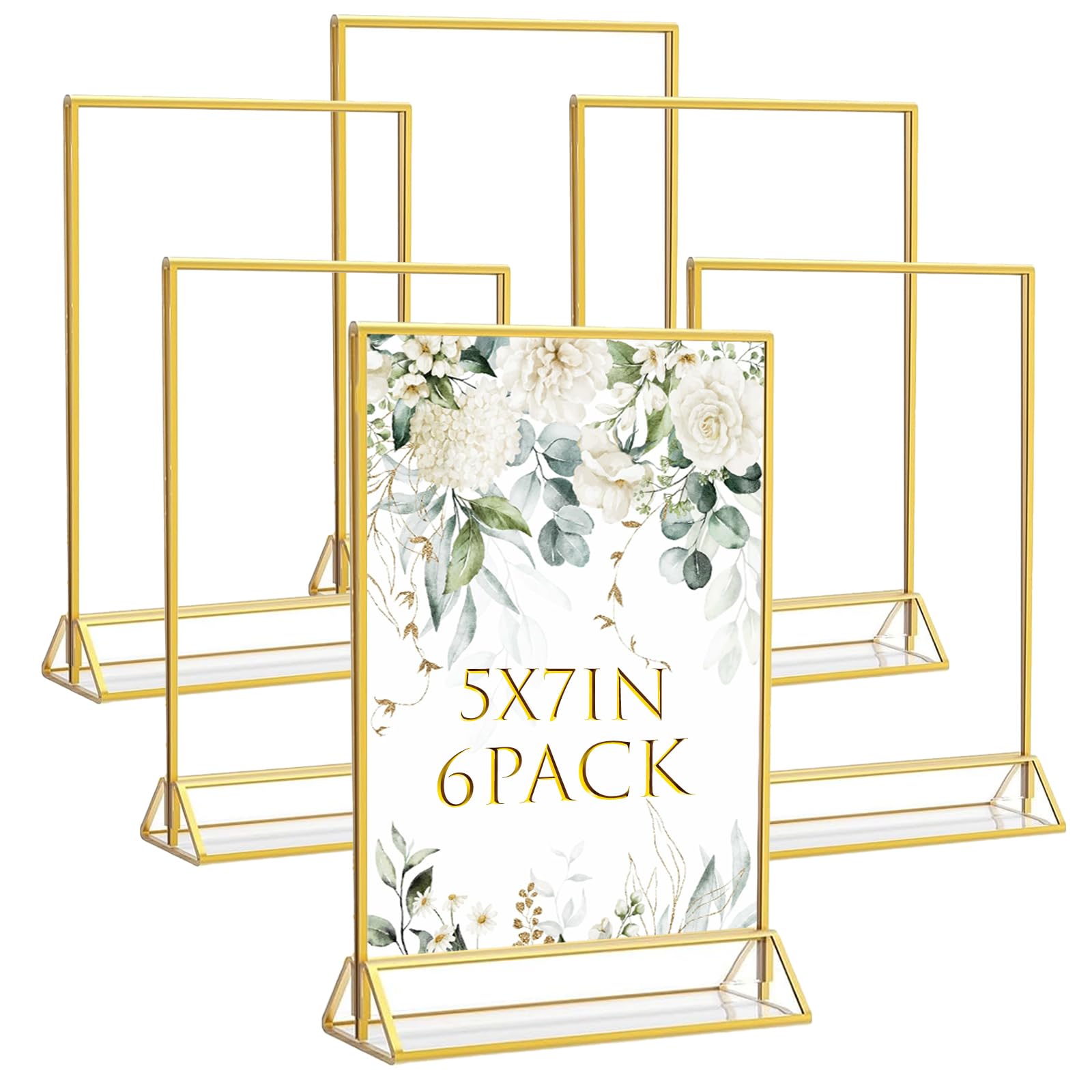 SHANDERBAR 6 Pack 5x7 Acrylic Sign Holder with Gold Borders, Double Sided Gold Picture Frames Clear Display Stands for Table Numbers, Menus, Photos,