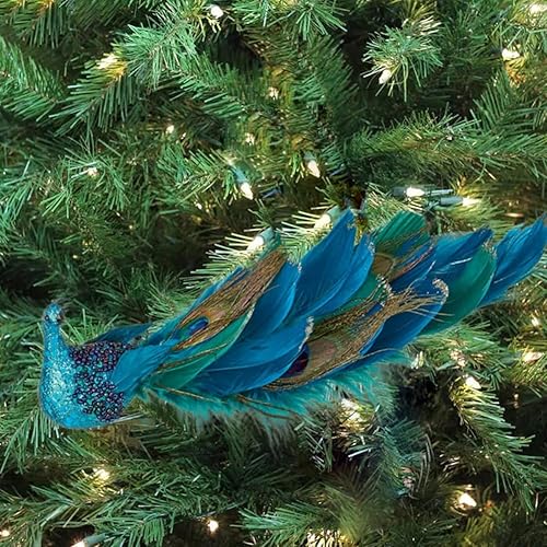 Miniatura 7 de Aves artificiales de pavo real con clip, pavo real de plumas naturales con cola larga, decoraciones de árbol de Navidad, pájaros de espuma azul pavo