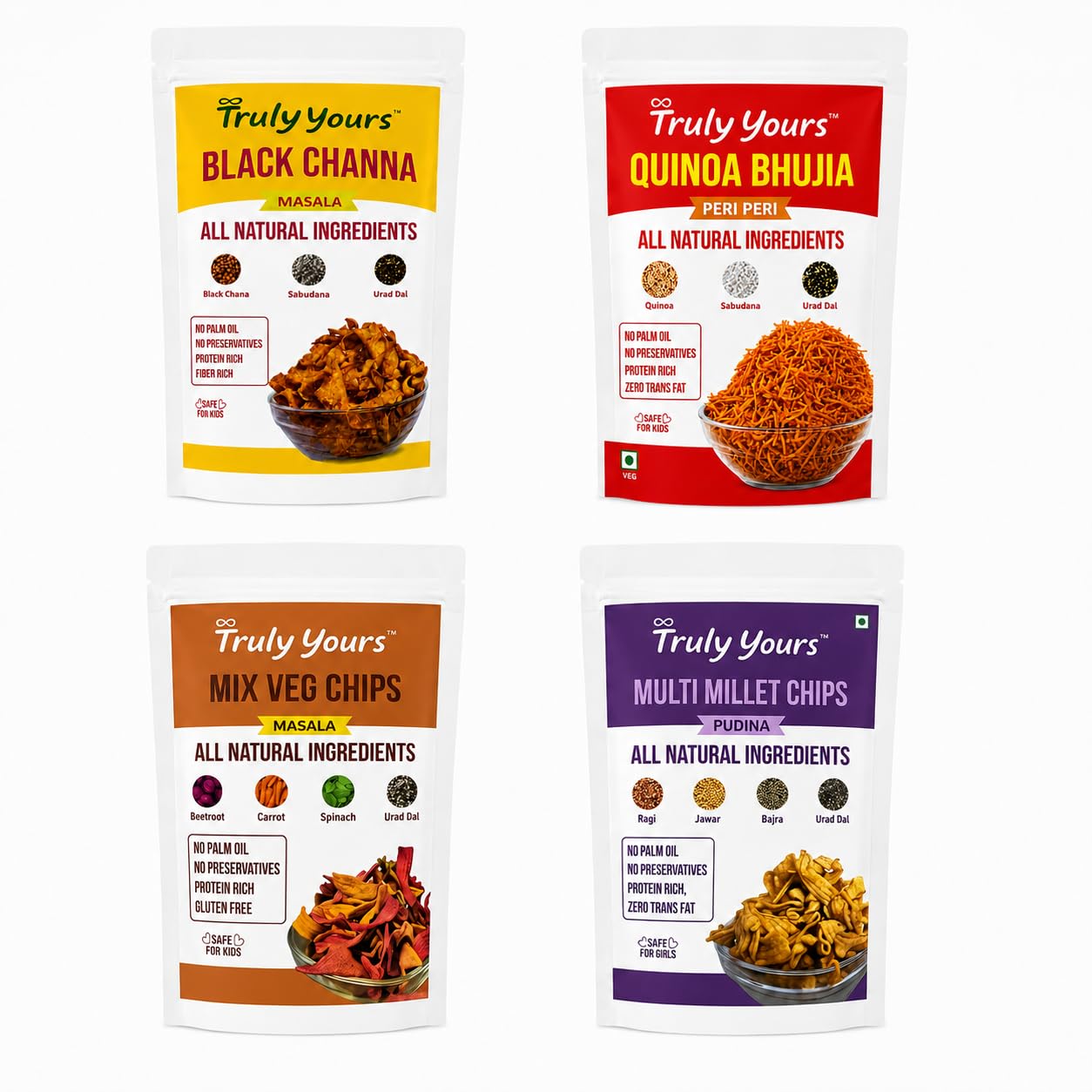 Truly Yours Healthy Snack Combo Pack | Black Channa Masala, Quinoa Bhujia, Multi Millet Chips & Mix Veg Chips-picture-14