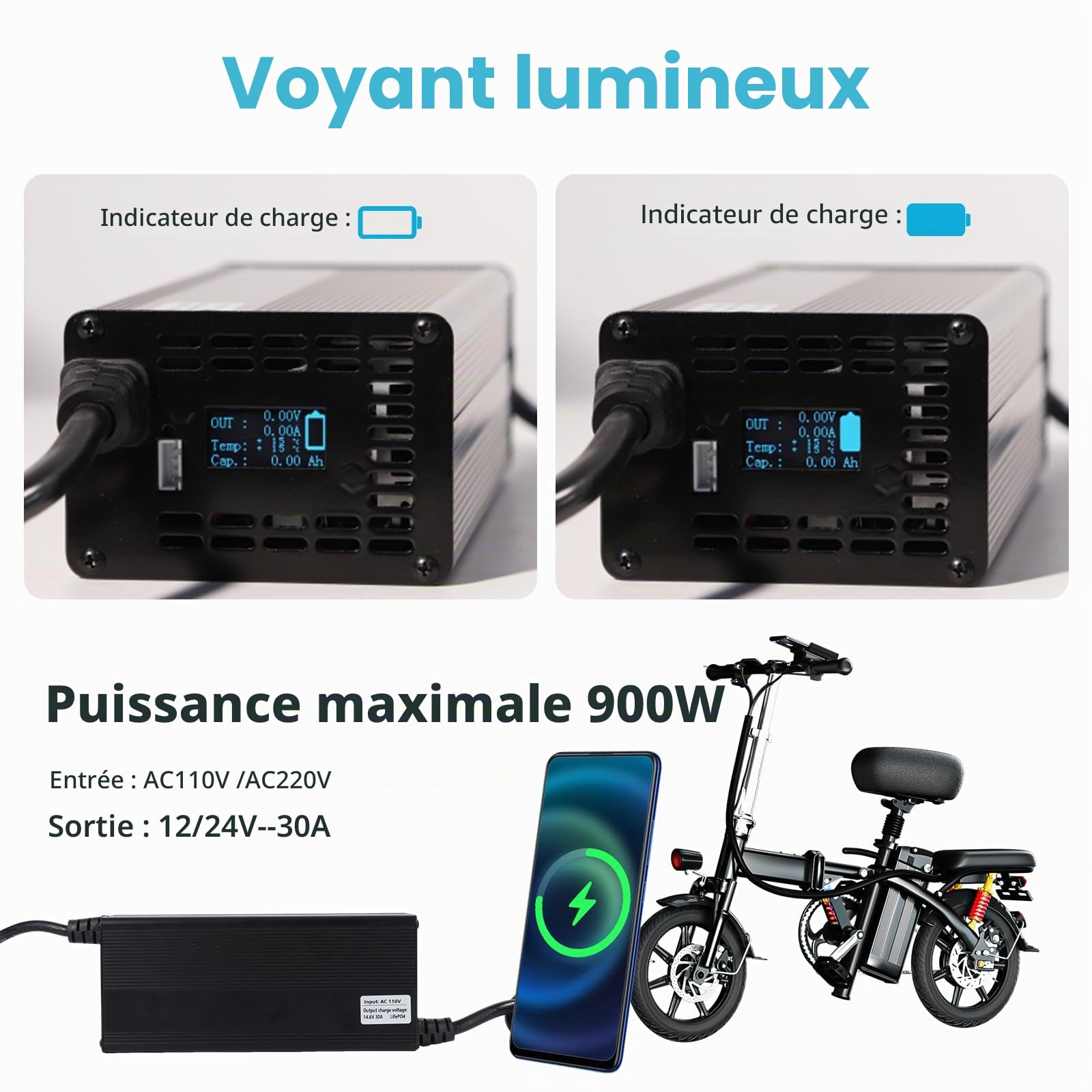 Chargeur de Batterie au Lithium 15 Ampères 18V-88V LiFePO4