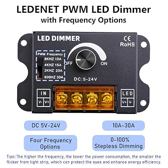 LEDENET LED Strip Lights Dimmer DC 5V/12V/24V 30A PWM LED Dimming Controller Frequency Adjustable Knob Switch Adjust Brightness with Aluminium Housing for Single Color COB SMD LED Light Strip