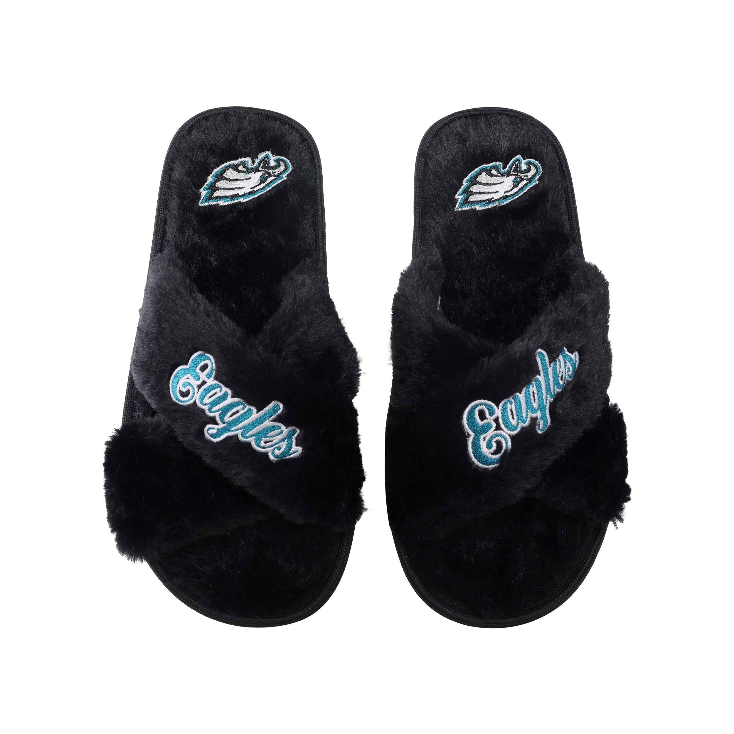 FOCO Womens NFL Team Script Wordmark Fuzzy Cross Slide Slippers