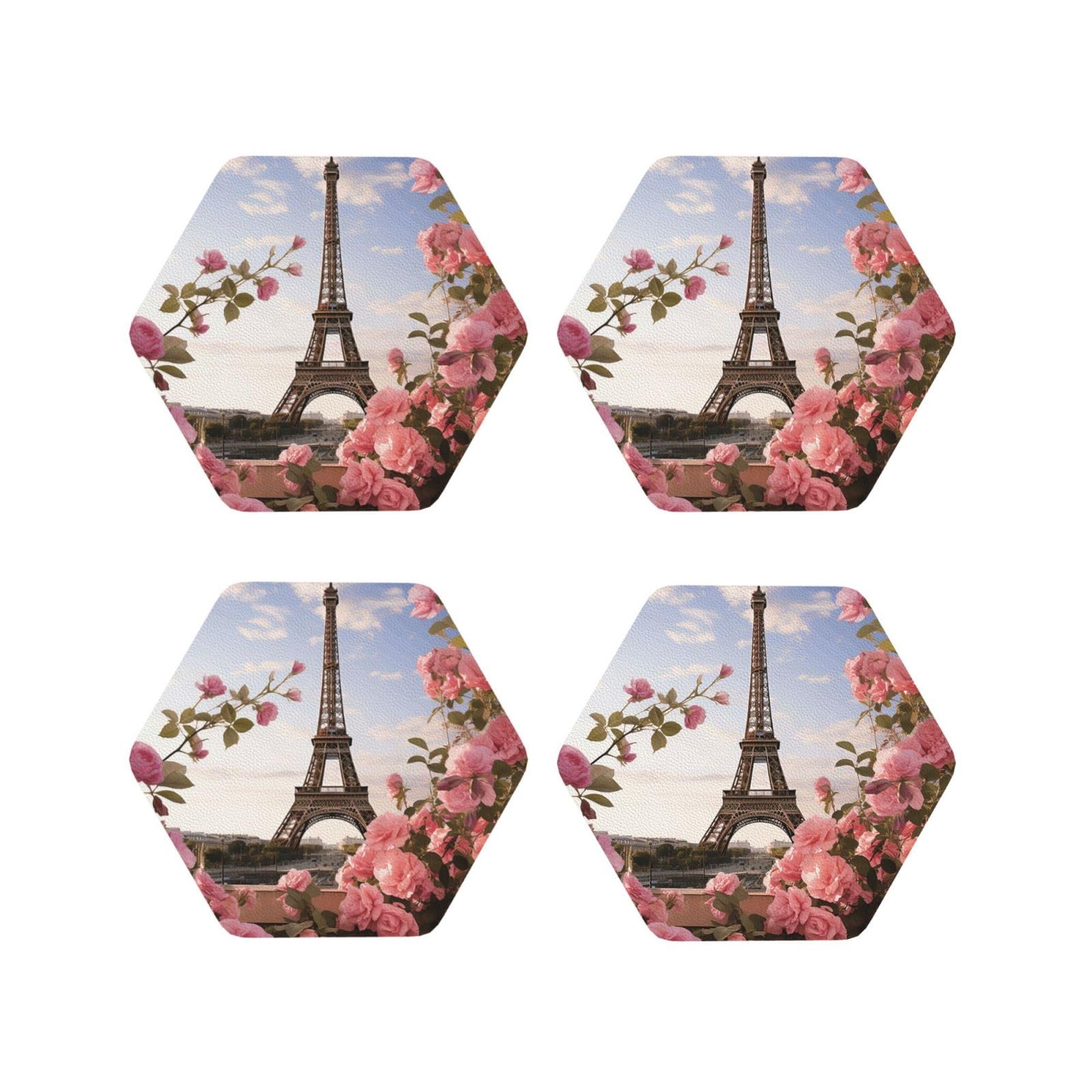 4Pcs PU Leather Coaster for Drinks, Eiffel Tower Spring Flowers Cup Coastersr 4" Cup Mat Pad, Aesthetic Drink Coasters for Coffee Table, Hexagon Coaster for Tabletop Protection