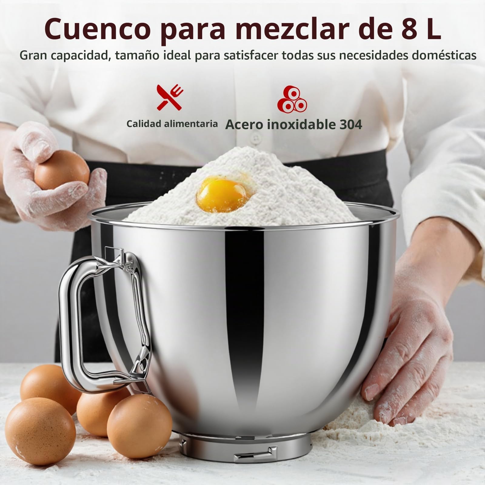 Batidora Amasadora 2000W 8L Robot de Cocina Amasador Multifunción | Bol de Acero Inoxidable, Batidor, Gancho para Masa, y Varillas, Raspador Protector Antisalpicaduras, 6+P Velocidades