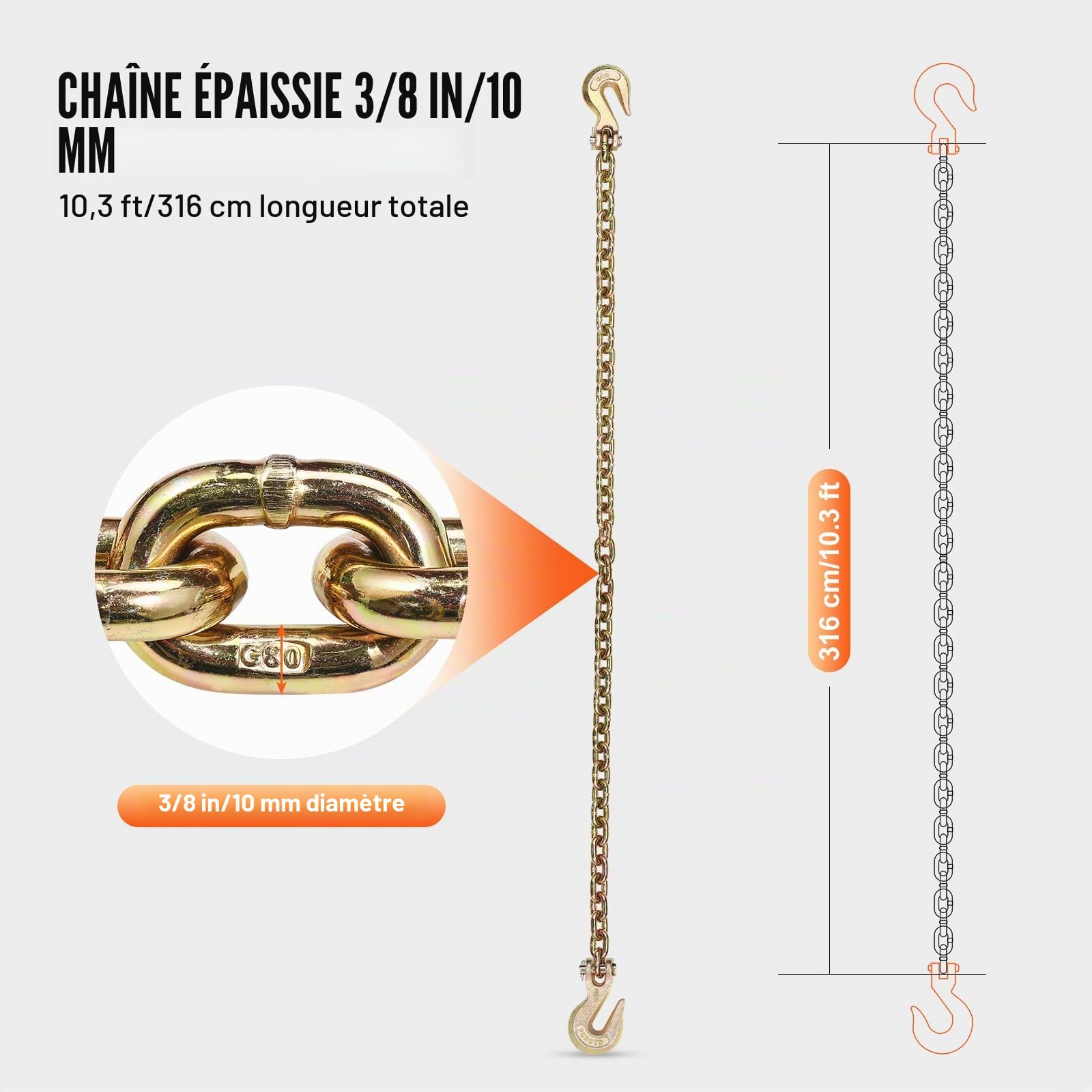 VEVOR Chaîne de Reliure de Remorquage avec Crochets à Chape, Chaine de Transport G80 10 mm x 316 cm, Chaîne d'Exploitation Forestière Capacité Charge 3,22 t, pour Attacher Équipements de Dépanneuse