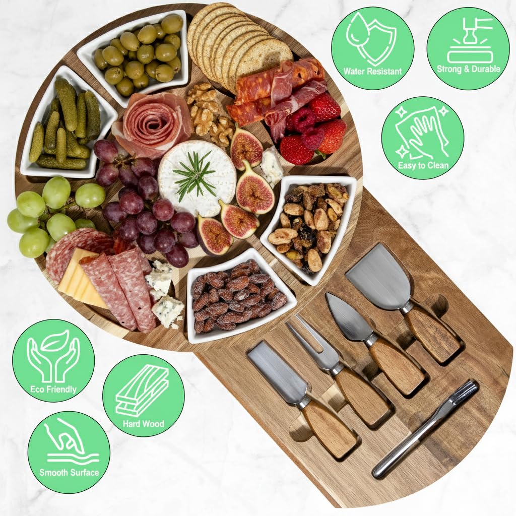Käsebrett & Messer Set aus Akazie, Charcuterie-Brett mit Keramikschalen, ausziehbarer Schublade und Servierutensilien, perfekt für Unterhaltung, ideales Geschenk für Hochzeiten, Einweihungsfeiern und