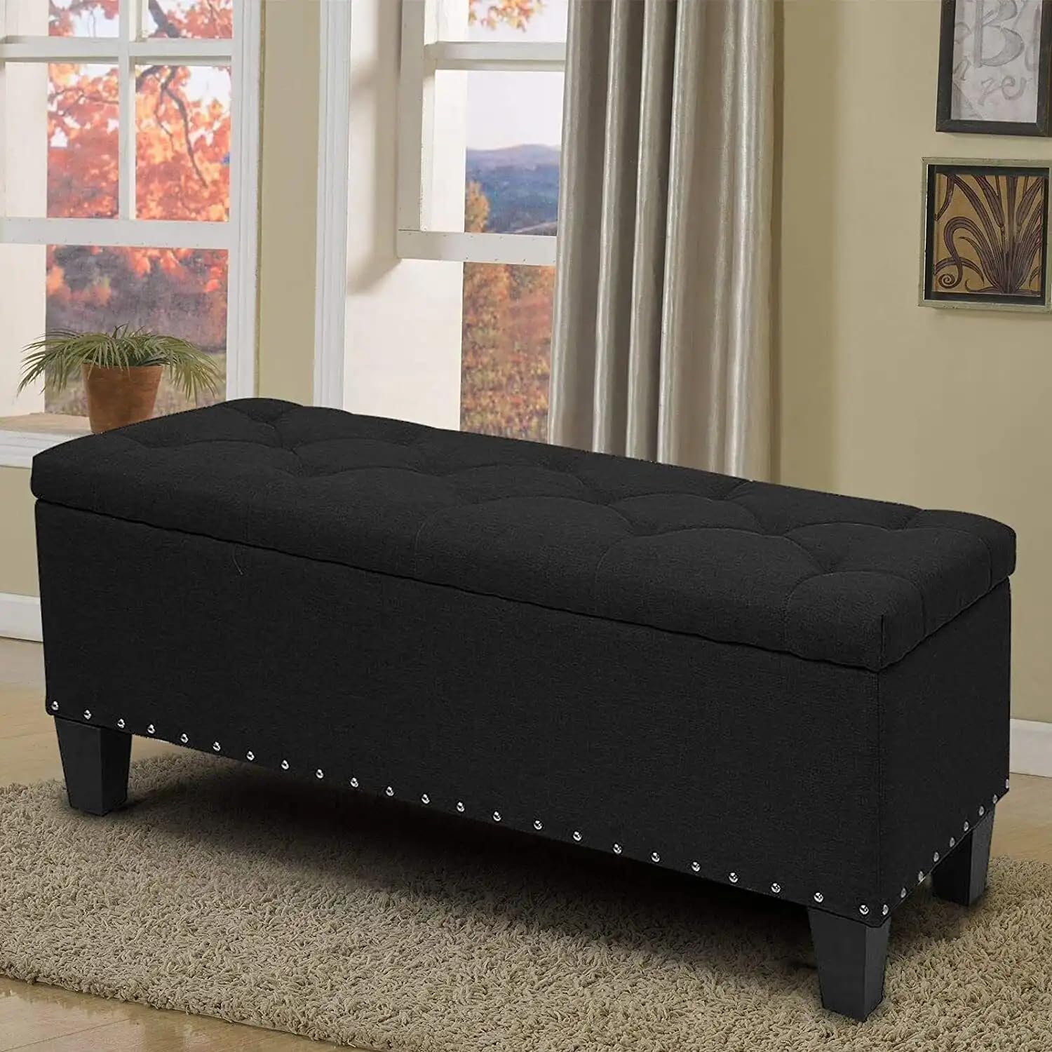 MoNiBloom 42 Inch Long Ottoman with Storage, Contemporary Black Linen Foot Stool Upholstered Foam Padded Rectangular Fabric Tufted Bench Footrest for Living Room Bedroom Entryway with 300 Lbs Capacity