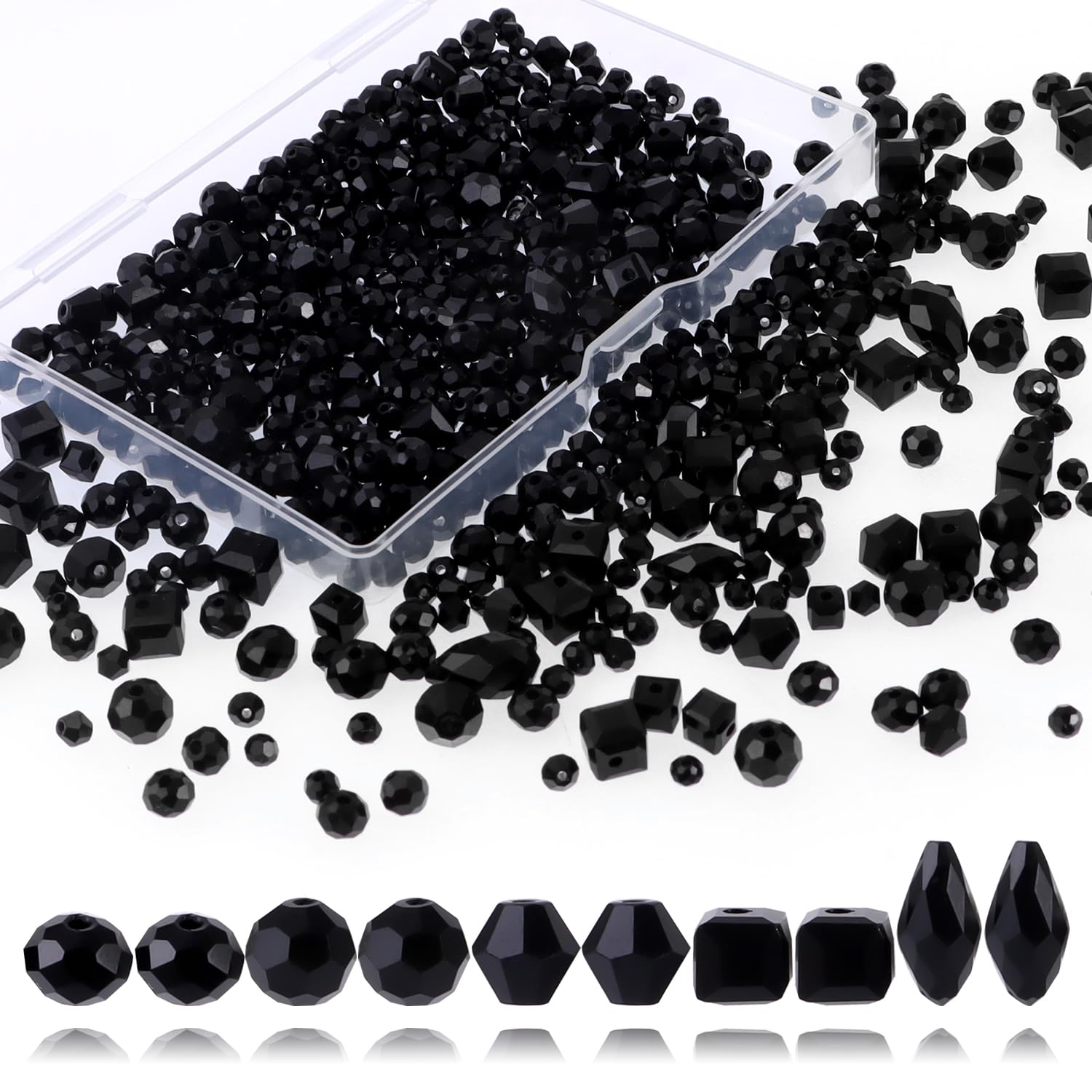 Crystal Beads, KEOGONG 660PCS Black Glass Beads with Container Box, Assorted Crystal Beads Bulk for Jewelry Making DIY Crafts Necklace Bracelet Earring Kit (4-6mm)