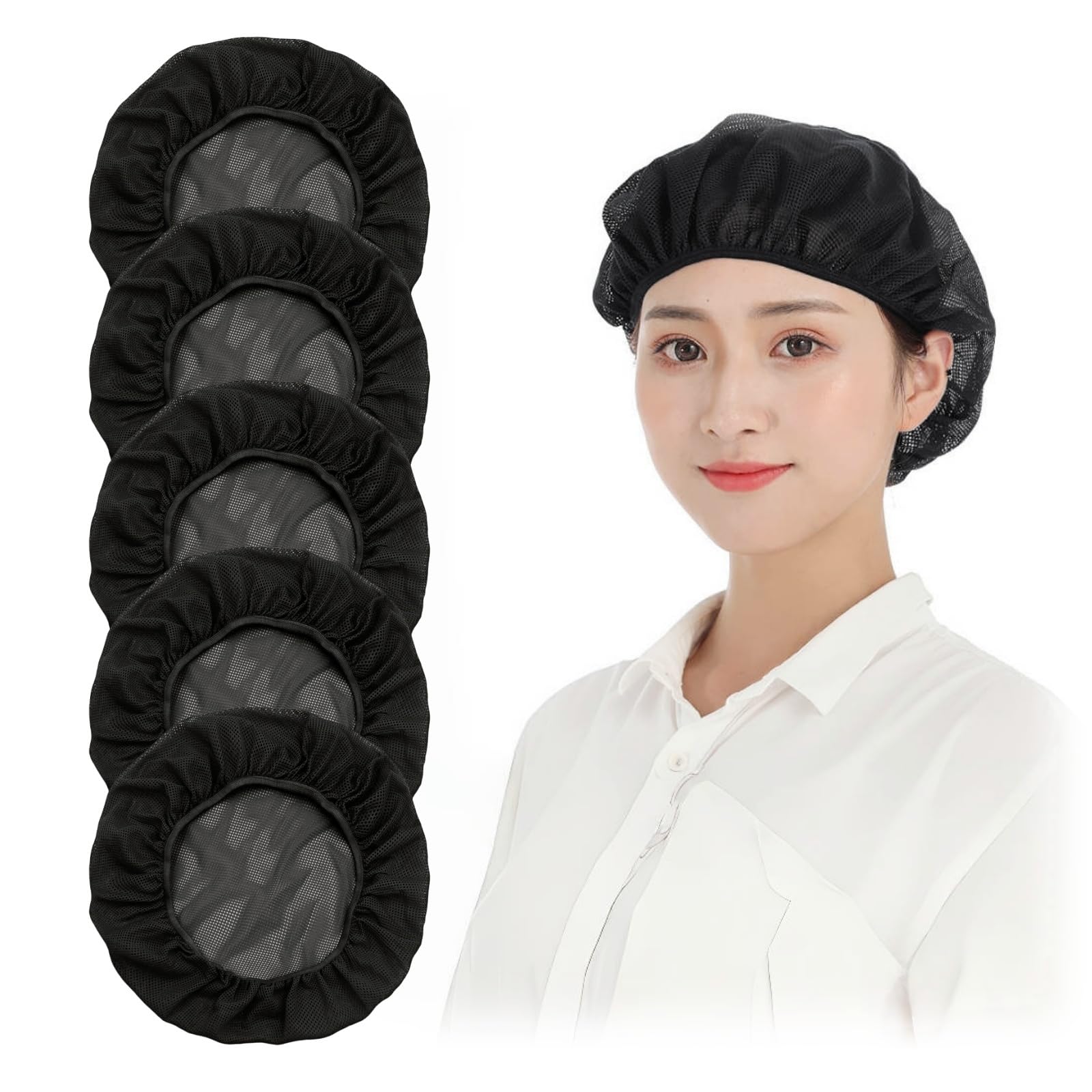DUOYIJIN Mesh Waiter Chef Caps 5PCS Elastic Catering Hats Restaurant Kitchen Cooking Hats Industrial Workshop Hair Net Adjustable Reusable Food Service Hat for Unisex Workers Cleaners Bakers(Black)