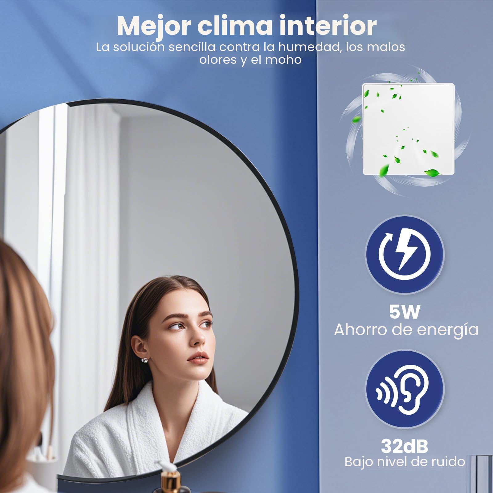 Extractor de aire Higroreglable, Extractor de aire de baño higrorregulable silencioso, 100 mm, 2 direcciones y 3 velocidades, Vmc cuarto de baño para ventilación en el inodoro
