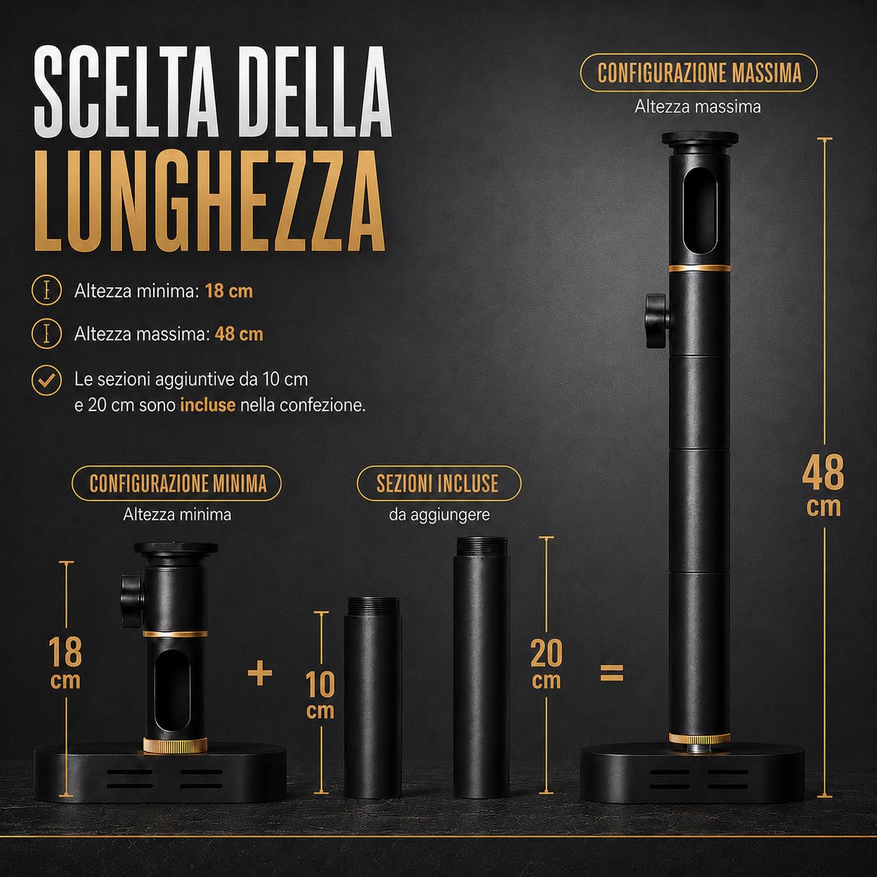 Staffa a Soffitto per Proiettore – Vano Alimentatore Integrato, Portata 10 kg, Lunghezza Regolabile 18-48 cm, Snodo Semisferico 360°, Cavo Nascosto