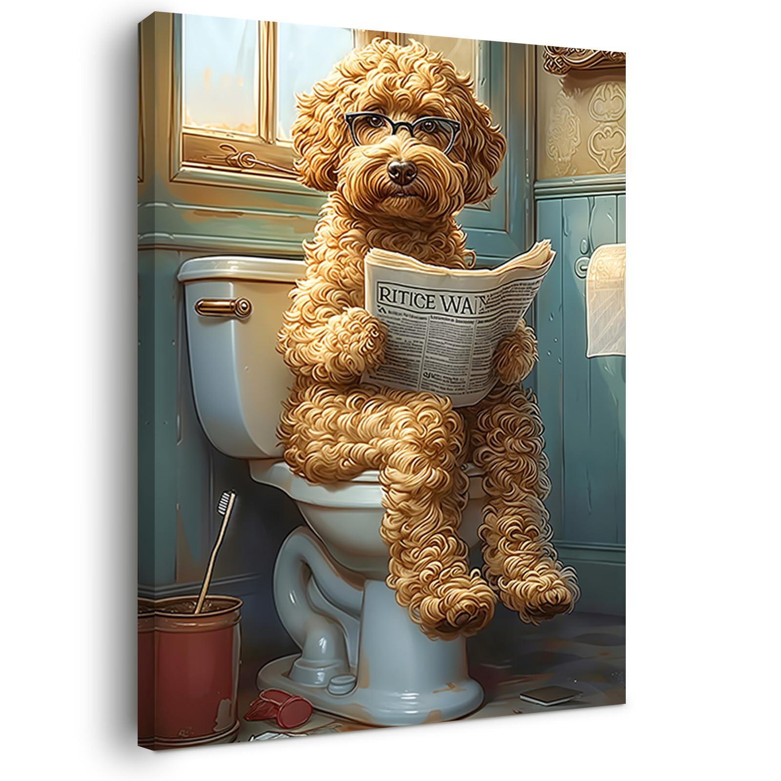 Alptiny Wandbild mit Rahmen 30×40cm Lustiges Badezimmer Hund auf Toilette für Wohnzimmer Schlafzimmer Küche Büro Vintage Wanddeko mit Rahmen, inkl. Haken, Nägel & Magischem (ZSH04, 30×40 cm)