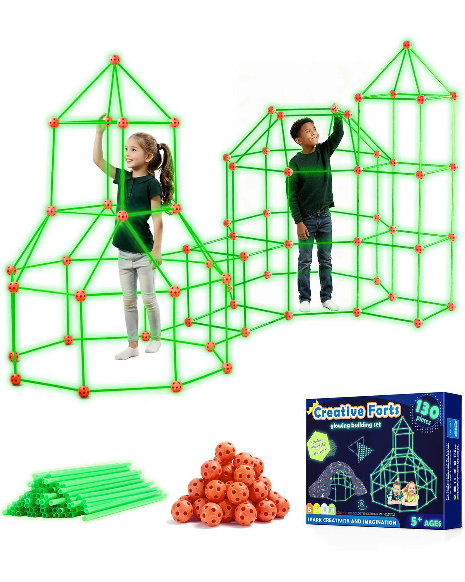 Tiny Land Glow Fort Building Kit for Kids Creative Fort Indoor & Outdoor Construction Toys with 86 Rods and 44 Balls for 5-10 Year Old Boys & Girls STEM Building Toy Gifts with Storage Bag