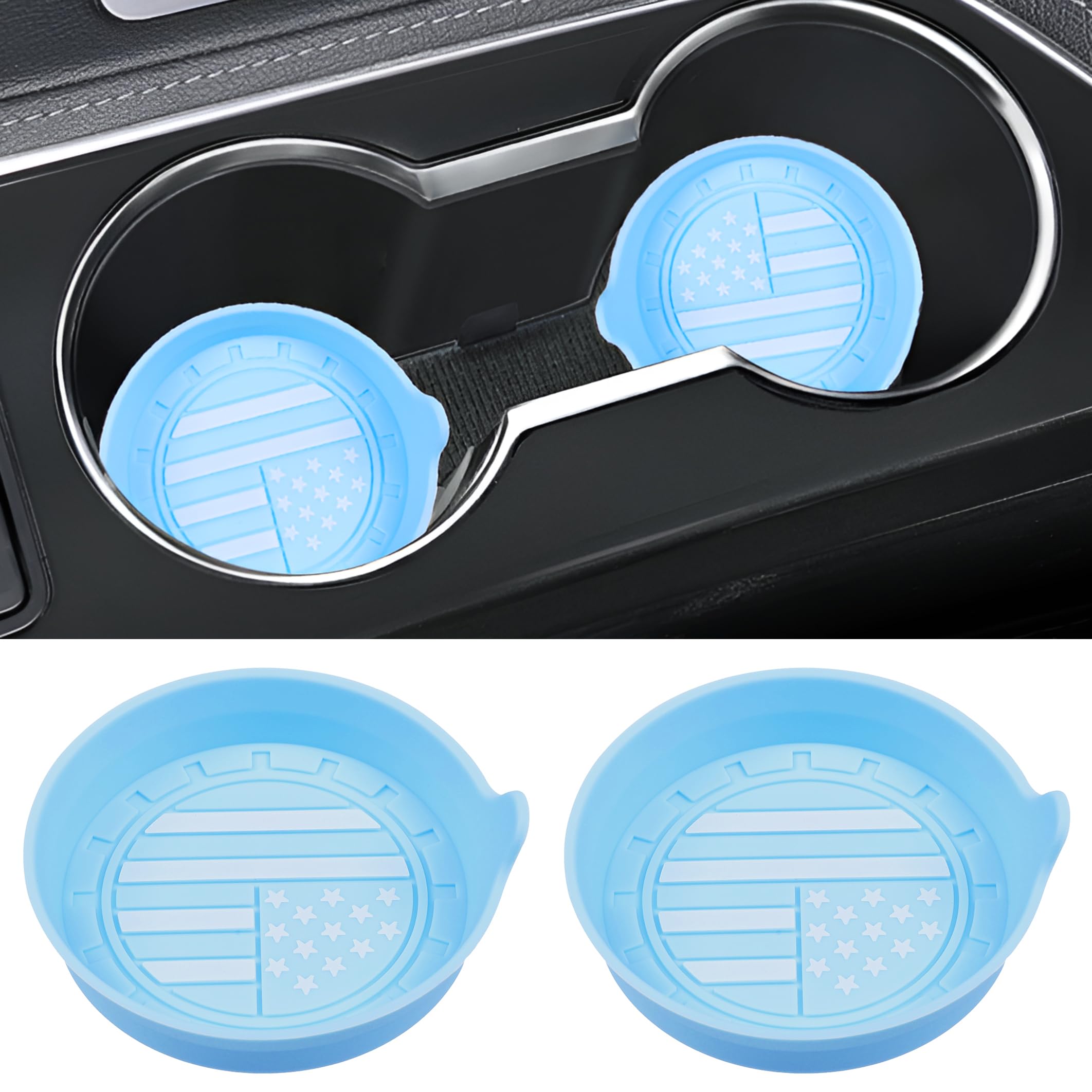 Amooca Car Cup Coaster Universal Non-Slip Silicone Cup Holder Insert Car Interior Accessories for Drink American Flag US Flag 2 Pack Light Blue