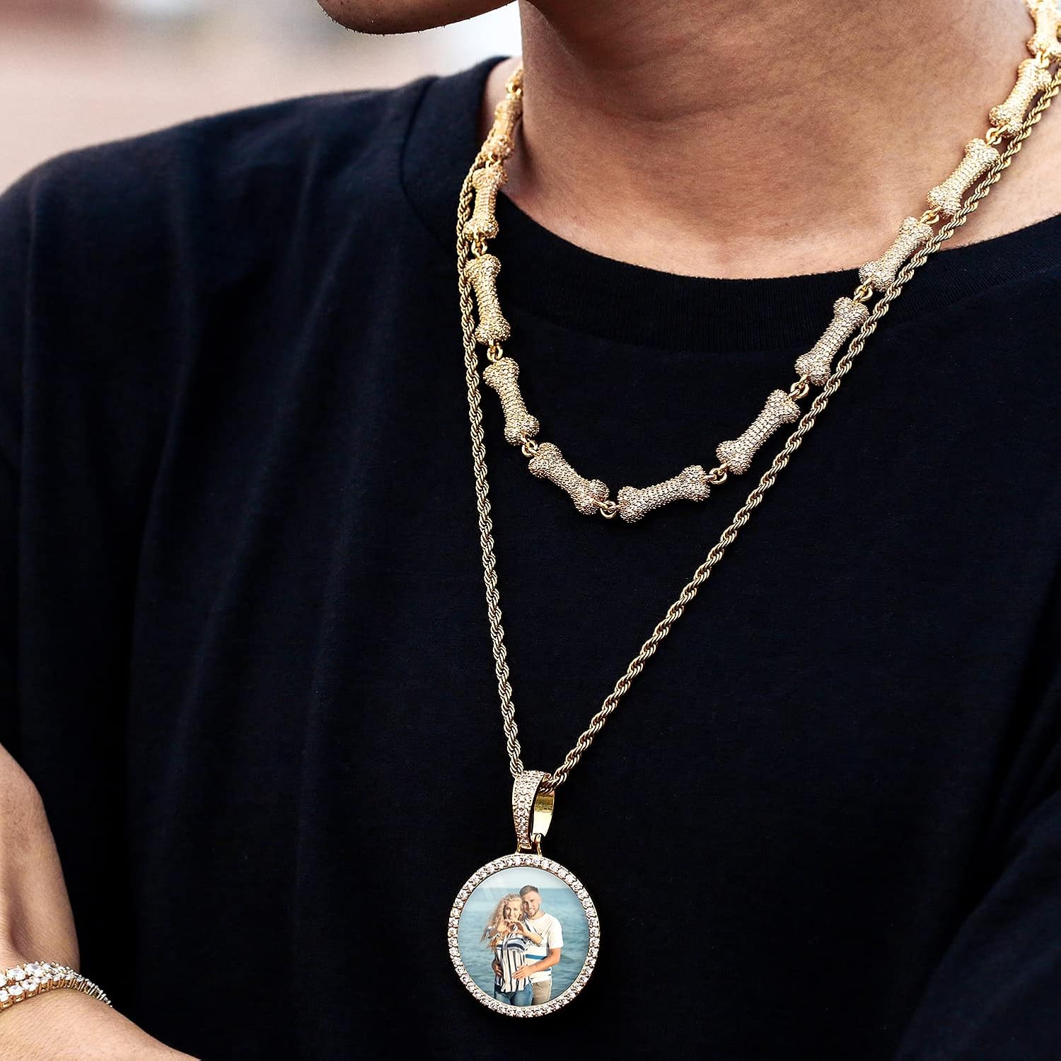 TUHE Custom Picture Necklace Personalized Hip Hop Iced out Round Pendant Photo Necklace for Men Women Memory Chain Necklace Customized with Text Engraving & Picture Necklaces Tennis/Robe/Cuban