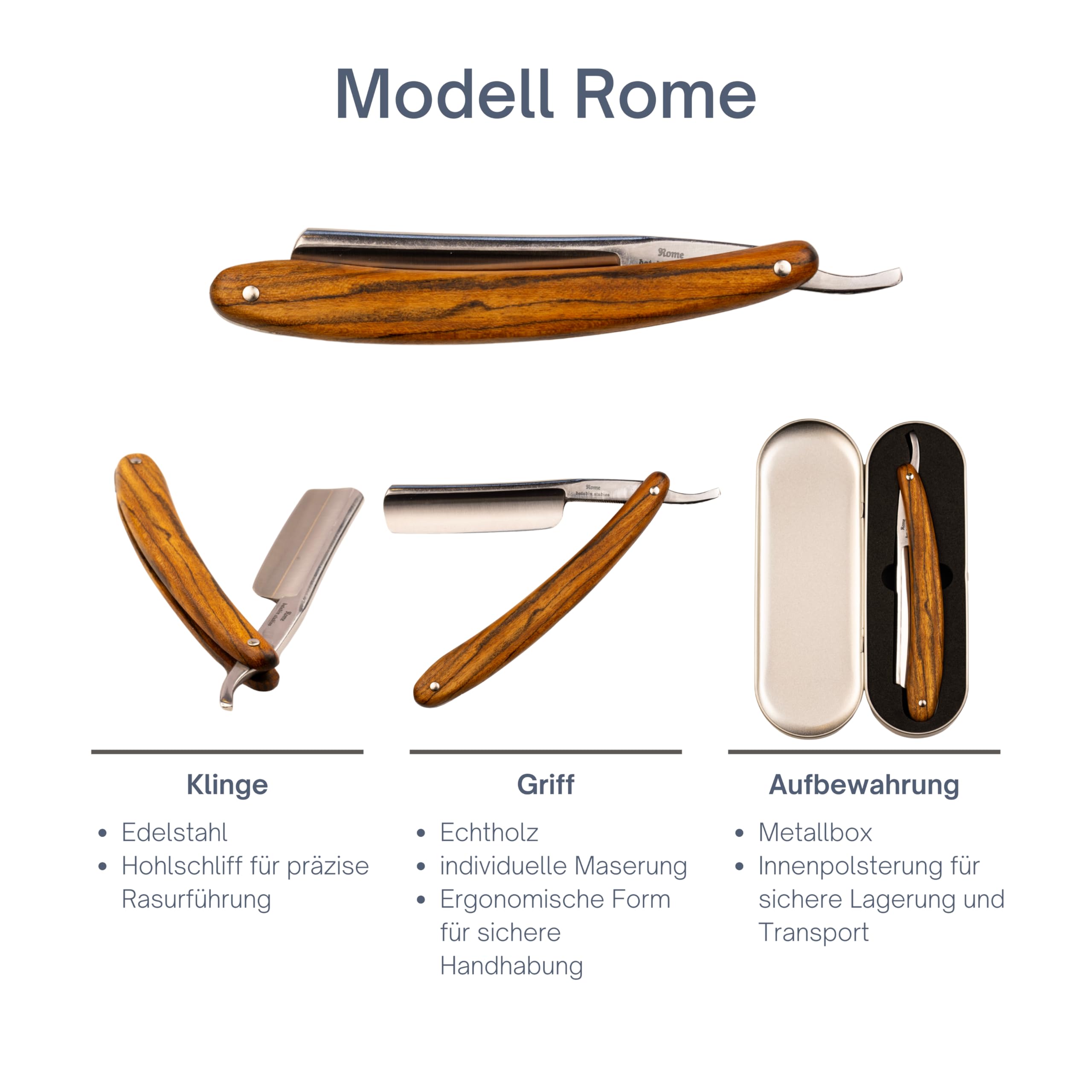 Rasiermesser Set für Herren – Klassisches Rasiermesser mit fester Klinge inkl. Pinsel, Abziehriemen & Schale – Nassrasur Set für Einsteiger & Fortgeschrittene (Braun (Echtholz))