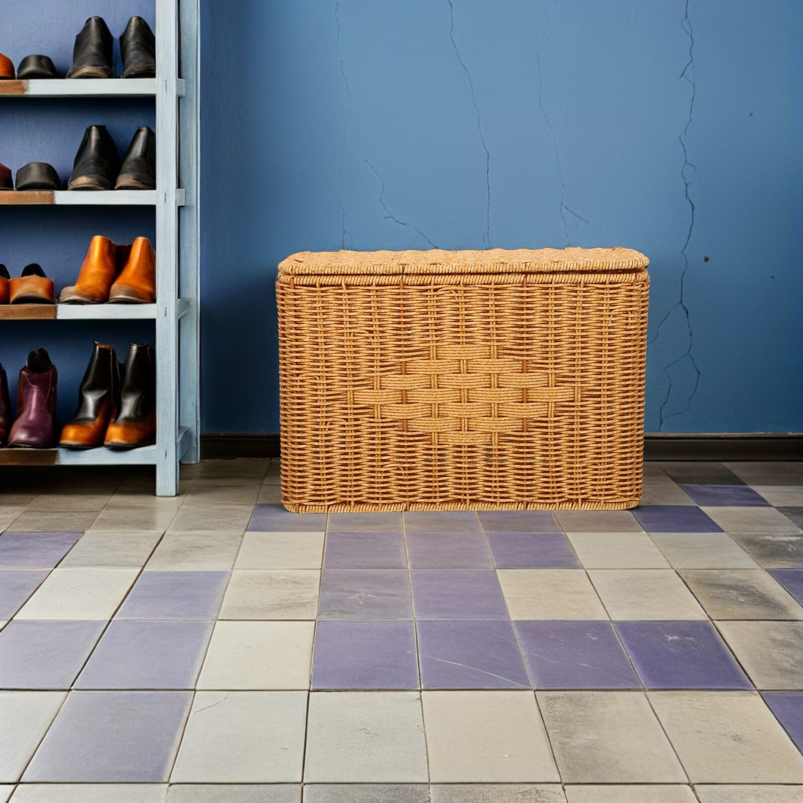 Geflochtener Aufbewahrungskorb mit Deckel Schmal Hoch aus Rattanimitat