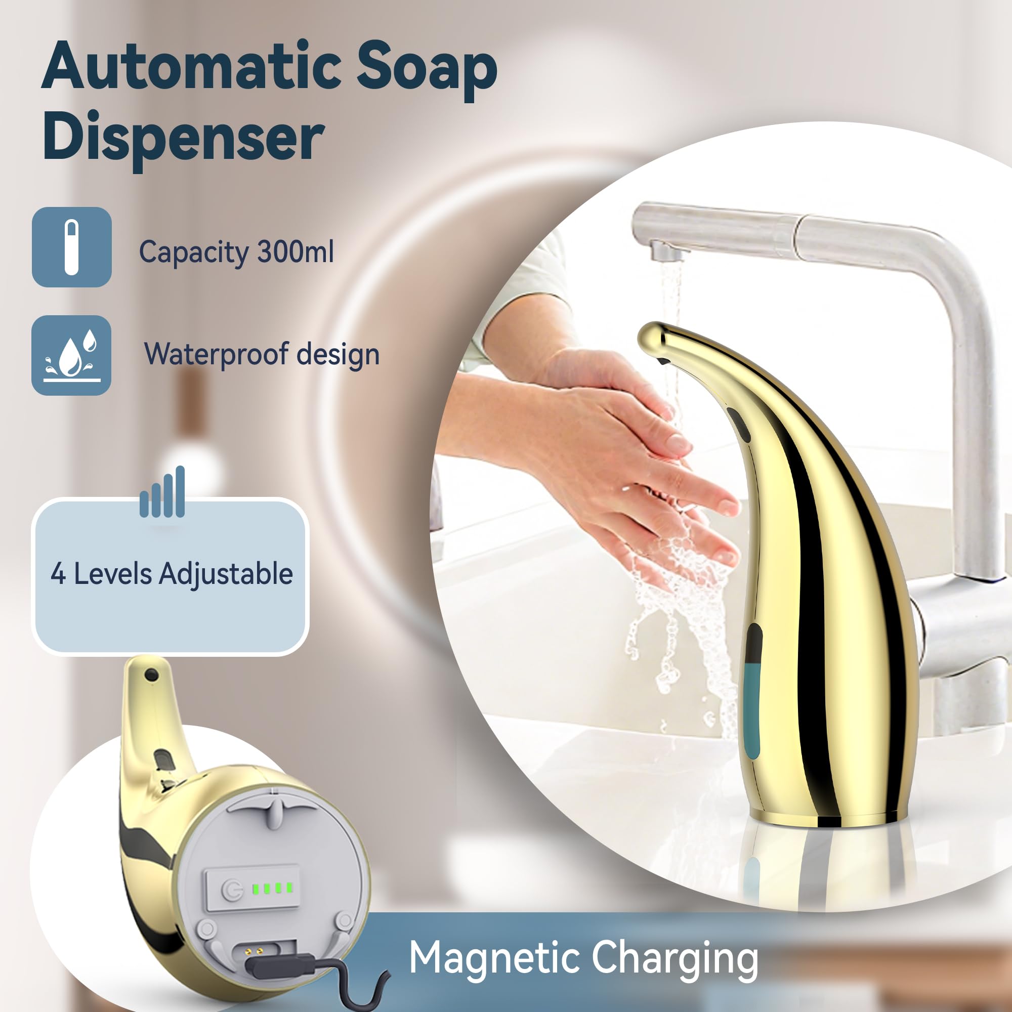 Dispenser di sapone automatico ricaricabile, senza contatto, dispenser per sapone da bagno, 4 regolabili, da cucina (oro)