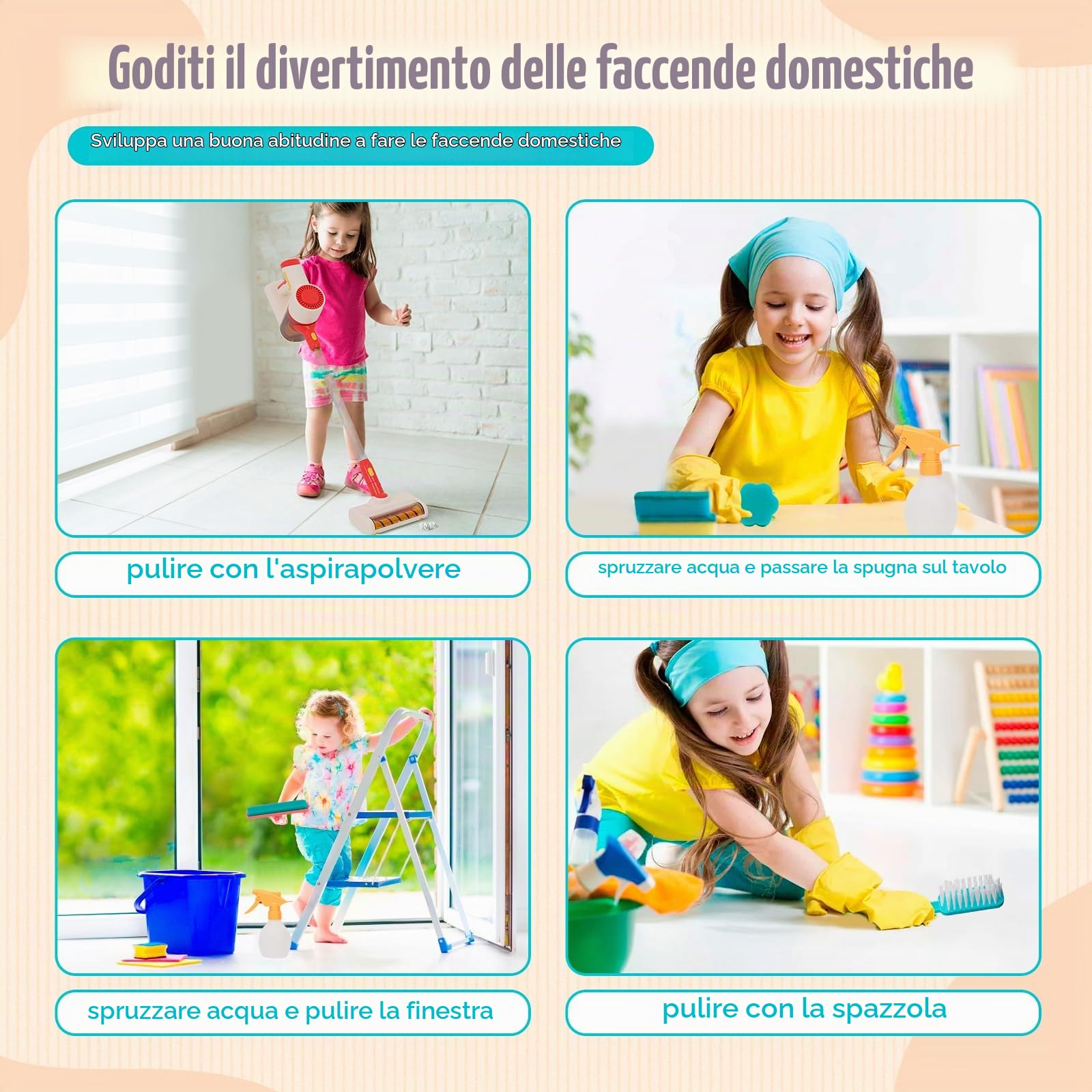 Giocattolo aspirapolvere per bambini, 3 in 1 set di giocattoli di pulizia per bambini ad aspirazione realistica con suono, gioco di ruolo per finta per la casa, strumenti di pulizia