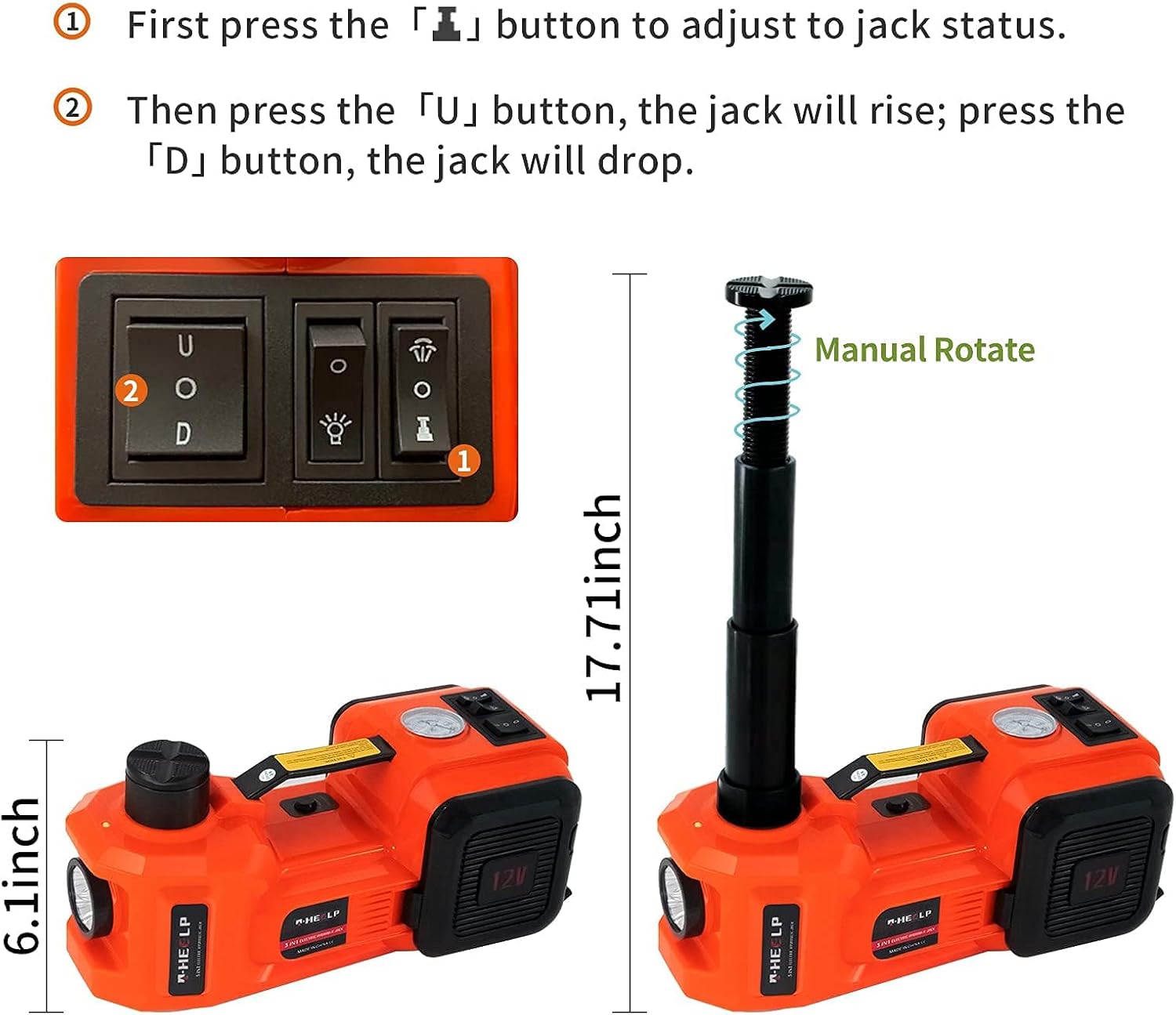 e-heelp electric car jack 5ton 12v kit hydraulic (lifting range: 6.1~17.7 inch) with inflator electric jack for car suv sedan mpv change tires garage repair emergency kit orange jack