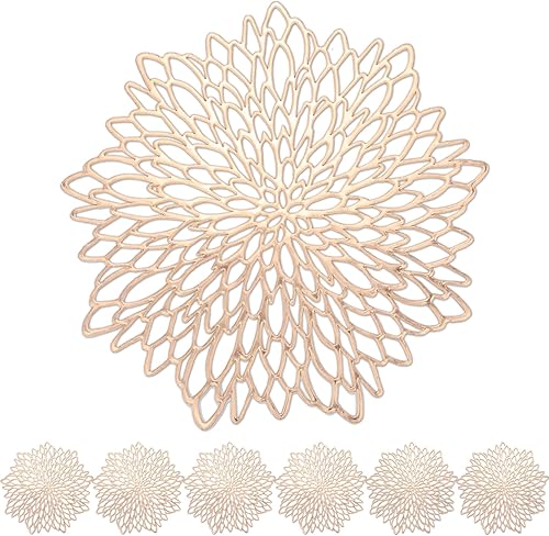 Neween Juego de 6 manteles individuales redondos dorados y metálicos, lavables, 812 piezas a juego, hojas de vinilo prensadas redondas, manteles