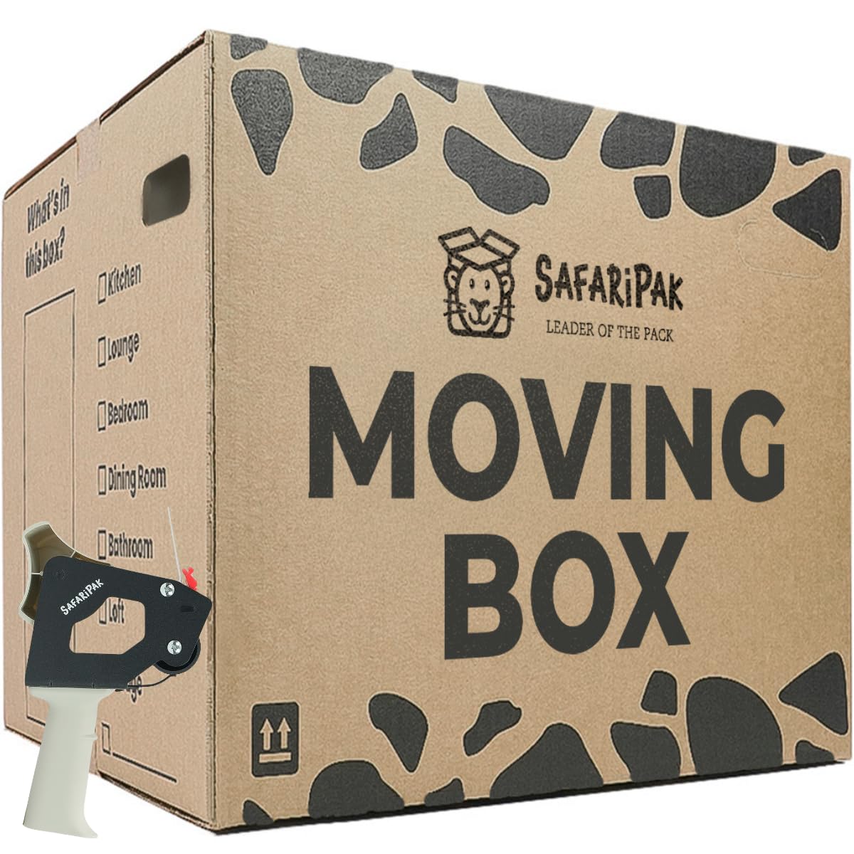 SAFARIPAK - 5 Pack Strong Extra Large 52cm x 52cm x 40cm Reusable Cardboard Storage Packing Moving House Boxes with Carry Handles & Room List Checkboxes - 108 Litres Capacity - Inc Tape Dispenser Gun