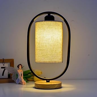 Ekhasa Wooden Dimmable Bedside Lamp | Table Lamps for Home Decoration with Fabric Shade | Wooden Base Side Table Lamp for Living Room | Bed Side Lamp | Aesthetic Night Bed Lamps for Bedroom