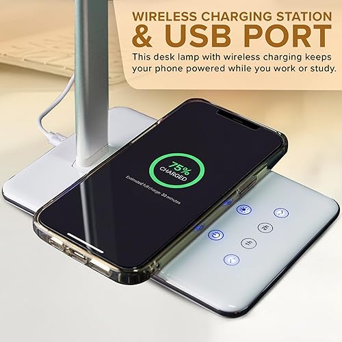 Miniatura 5 de Lámpara de escritorio LED blanca | Cargador inalámbrico y puerto USB | 4 modos de color y 10 niveles de brillo | Lámpara de control táctil para
