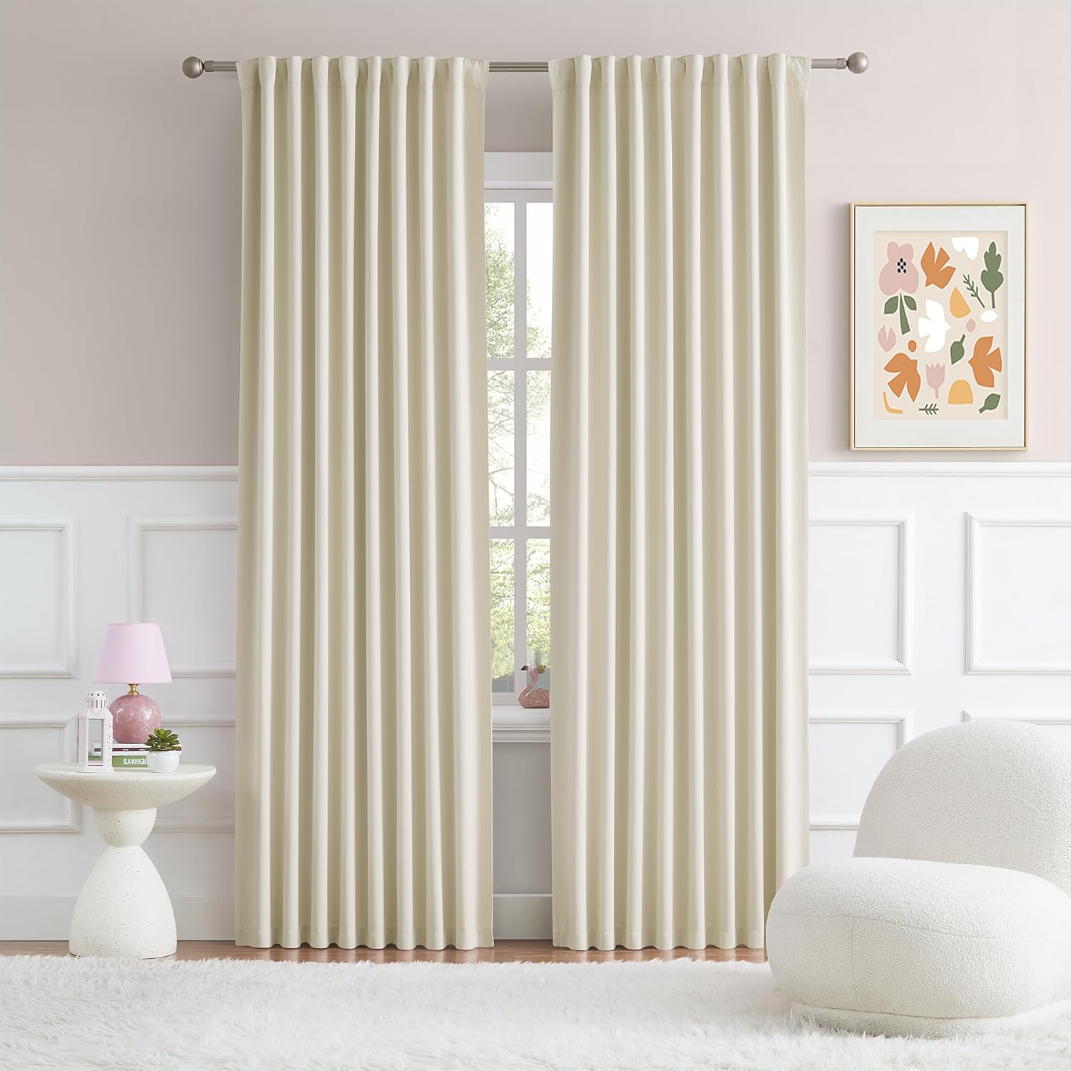 DUALIFE Cream Blackout Curtains 90 Inch Long 2 Panels Set Back Tab Loop Pocket Modern Drapes with Heading Tape Thermal Insulated Room Darkening Curtains for Living Room 52 x 90 Inch Cream Beige 52"W x 90"L (Pack of 2)